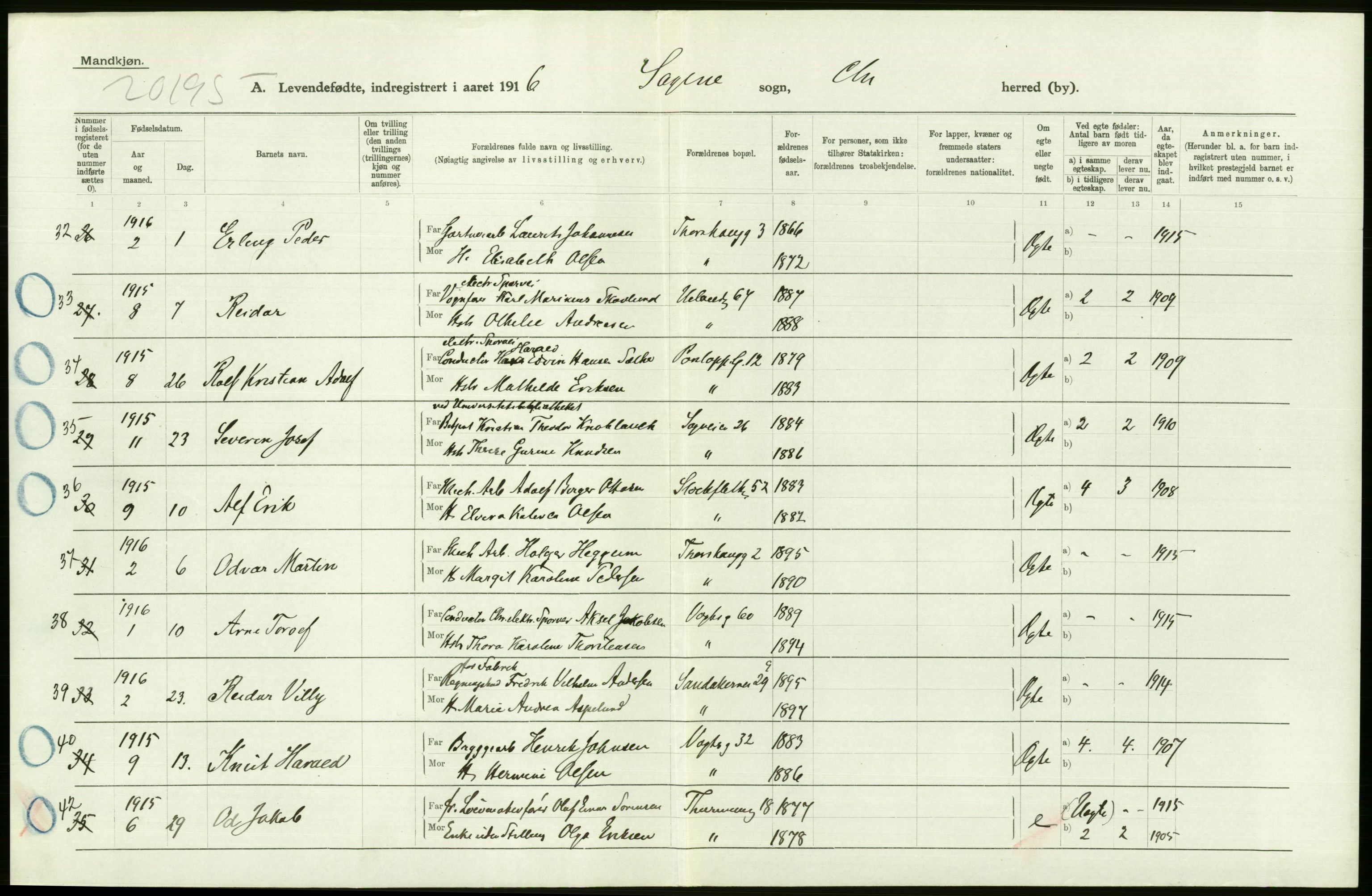 Statistisk sentralbyrå, Sosiodemografiske emner, Befolkning, AV/RA-S-2228/D/Df/Dfb/Dfbf/L0006: Kristiania: Levendefødte menn og kvinner., 1916, p. 226