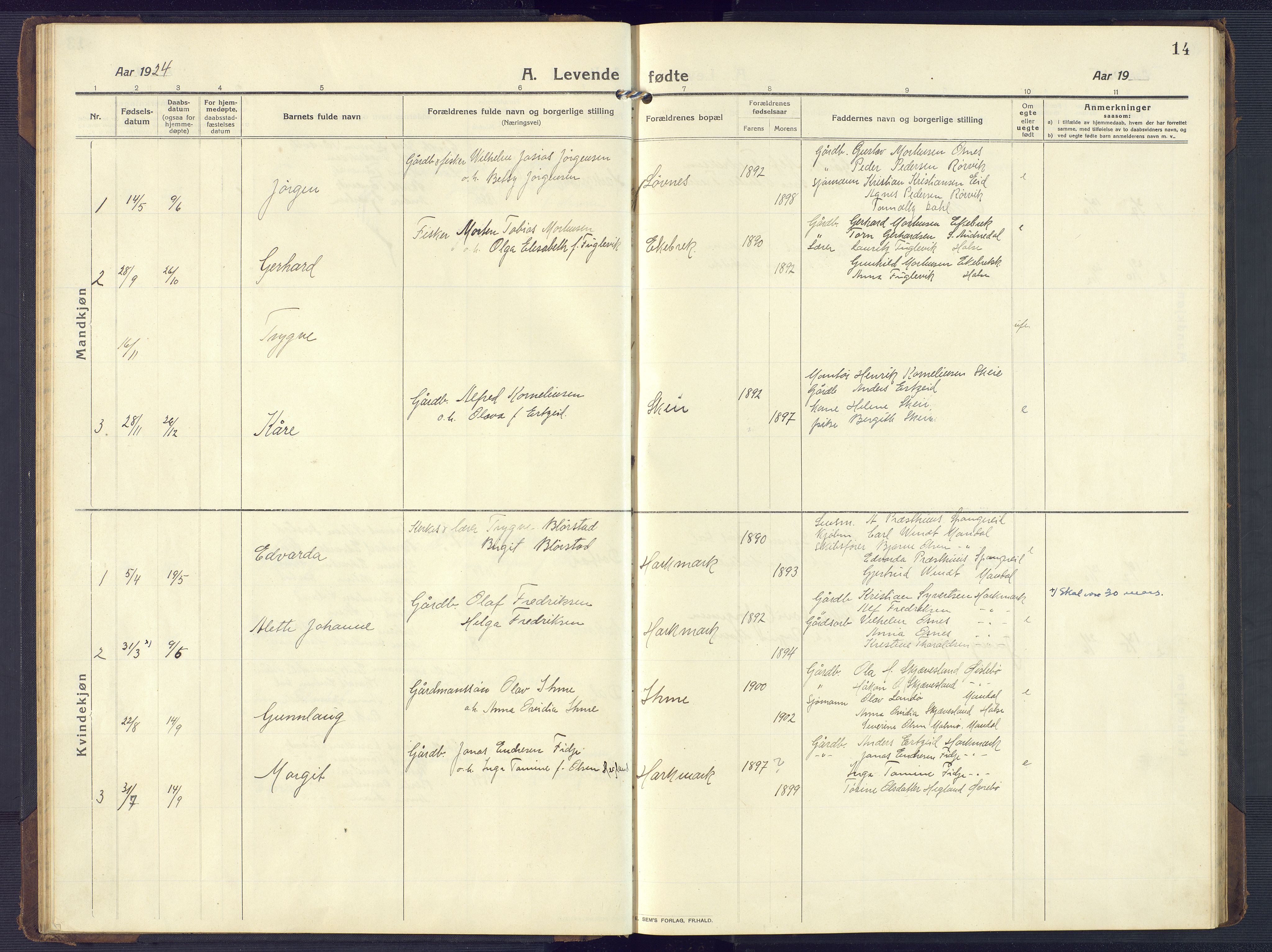 Mandal sokneprestkontor, SAK/1111-0030/F/Fb/Fbb/L0005: Parish register (copy) no. B 5, 1913-1957, p. 14