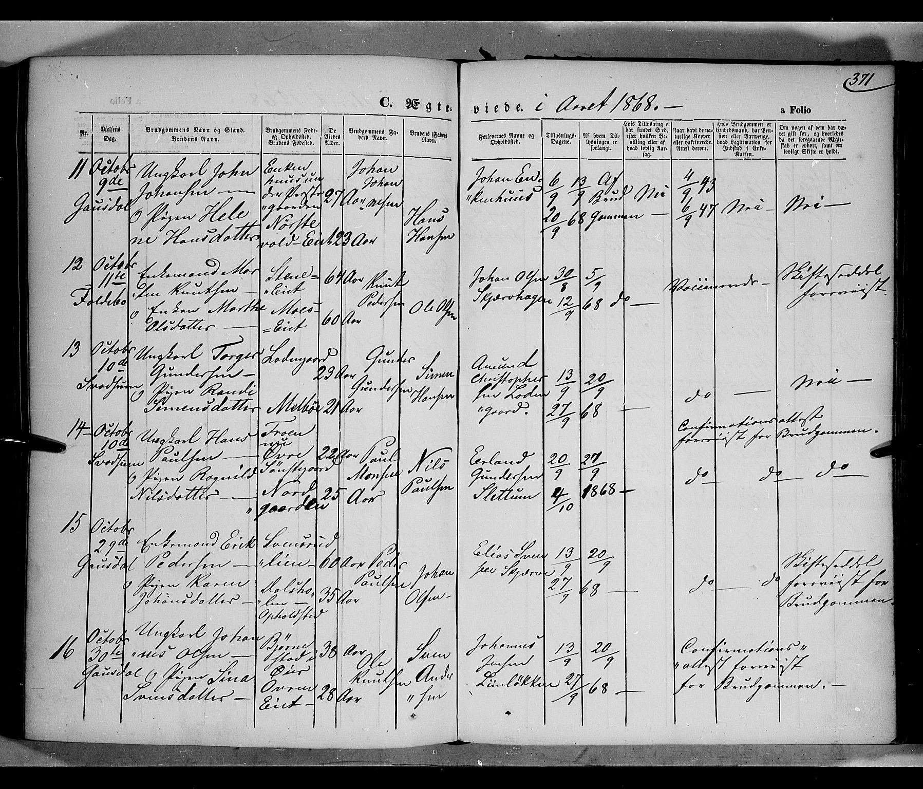 Gausdal prestekontor, SAH/PREST-090/H/Ha/Haa/L0009: Parish register (official) no. 9, 1862-1873, p. 371