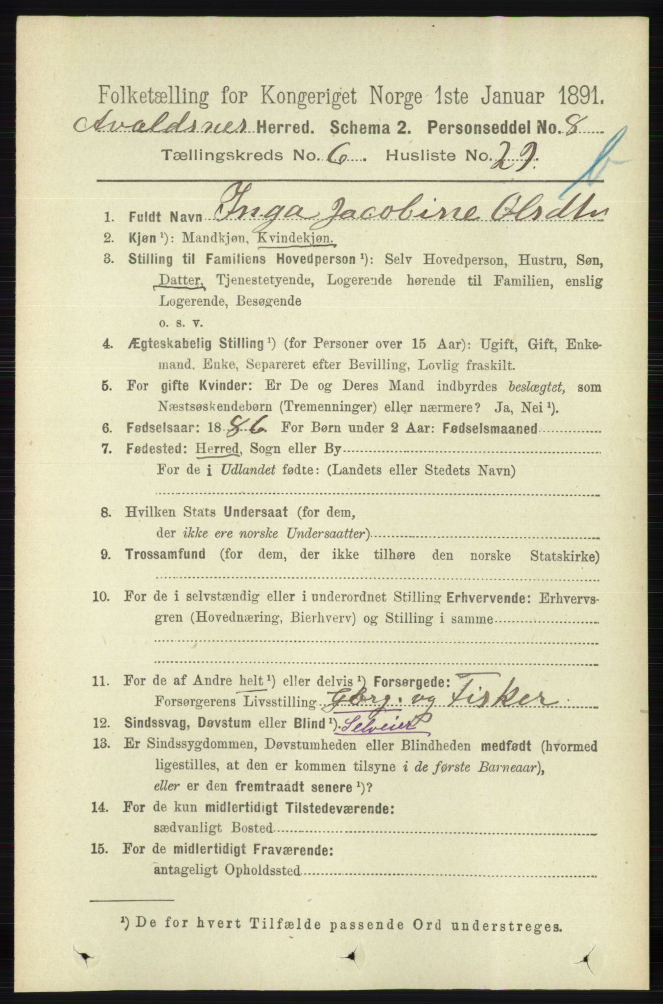 RA, 1891 census for 1147 Avaldsnes, 1891, p. 3407