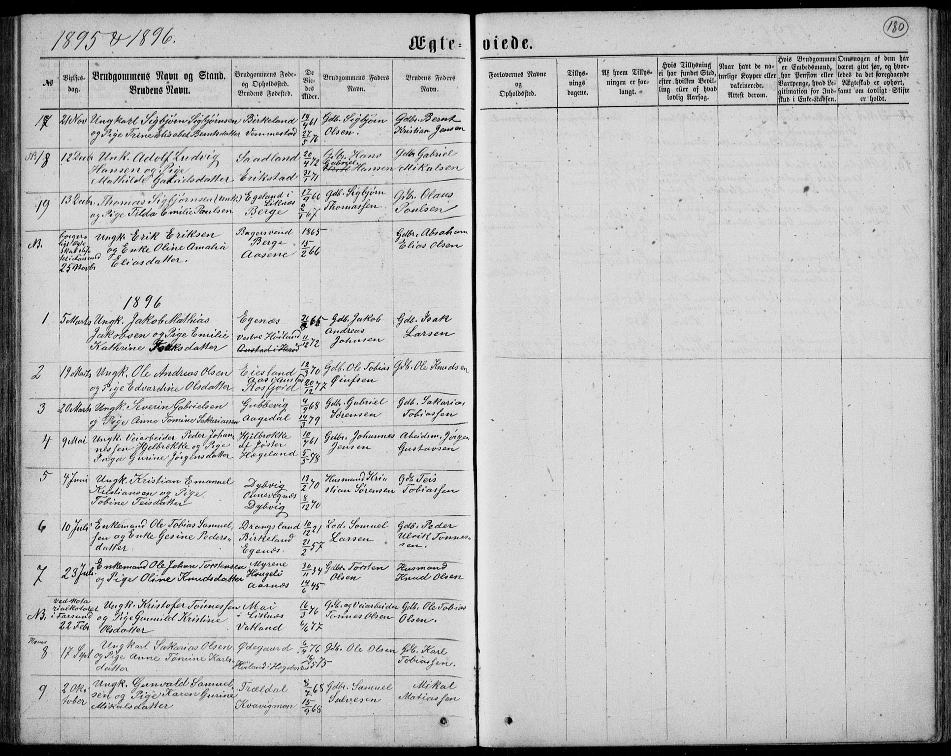 Lyngdal sokneprestkontor, SAK/1111-0029/F/Fb/Fbc/L0004: Parish register (copy) no. B 4, 1878-1896, p. 180