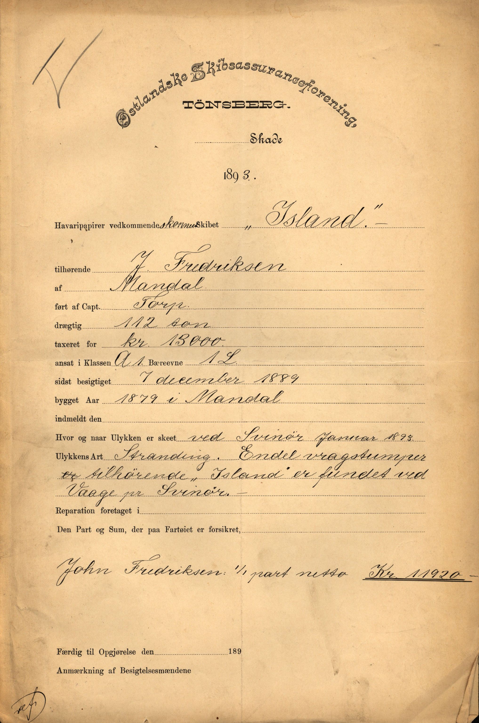 Pa 63 - Østlandske skibsassuranceforening, VEMU/A-1079/G/Ga/L0030/0001: Havaridokumenter / Leif, Korsvei, Margret, Mangerton, Mathilde, Island, Andover, 1893, p. 199