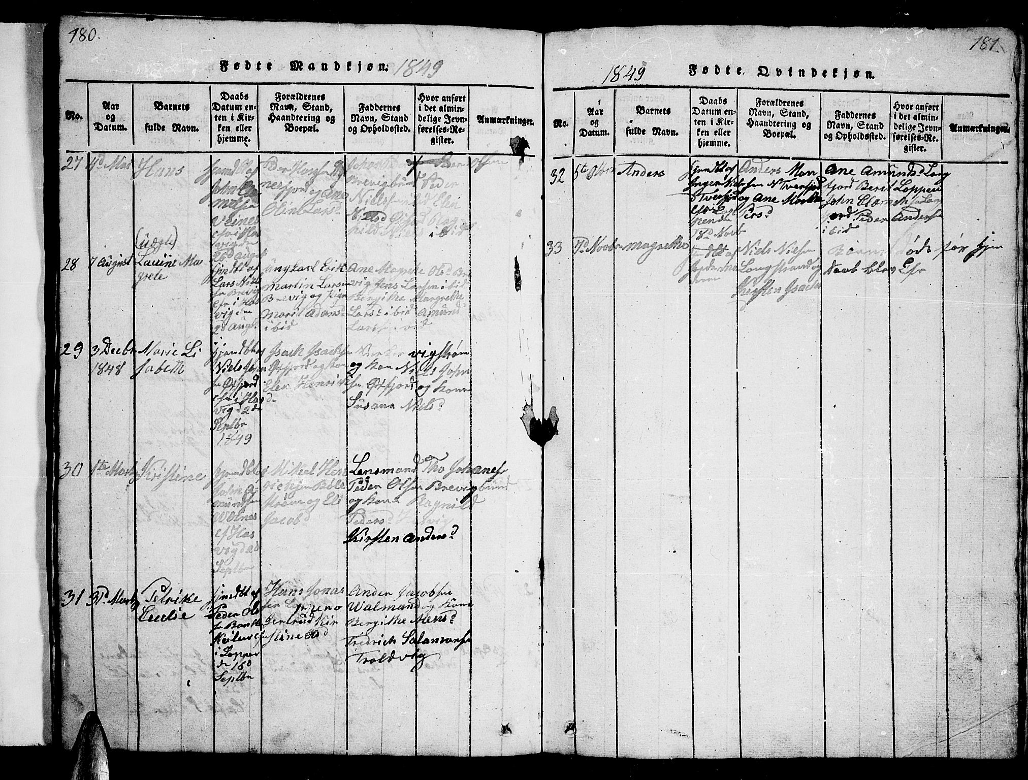 Loppa sokneprestkontor, AV/SATØ-S-1339/H/Hb/L0001klokker: Parish register (copy) no. 1, 1820-1849, p. 180-181