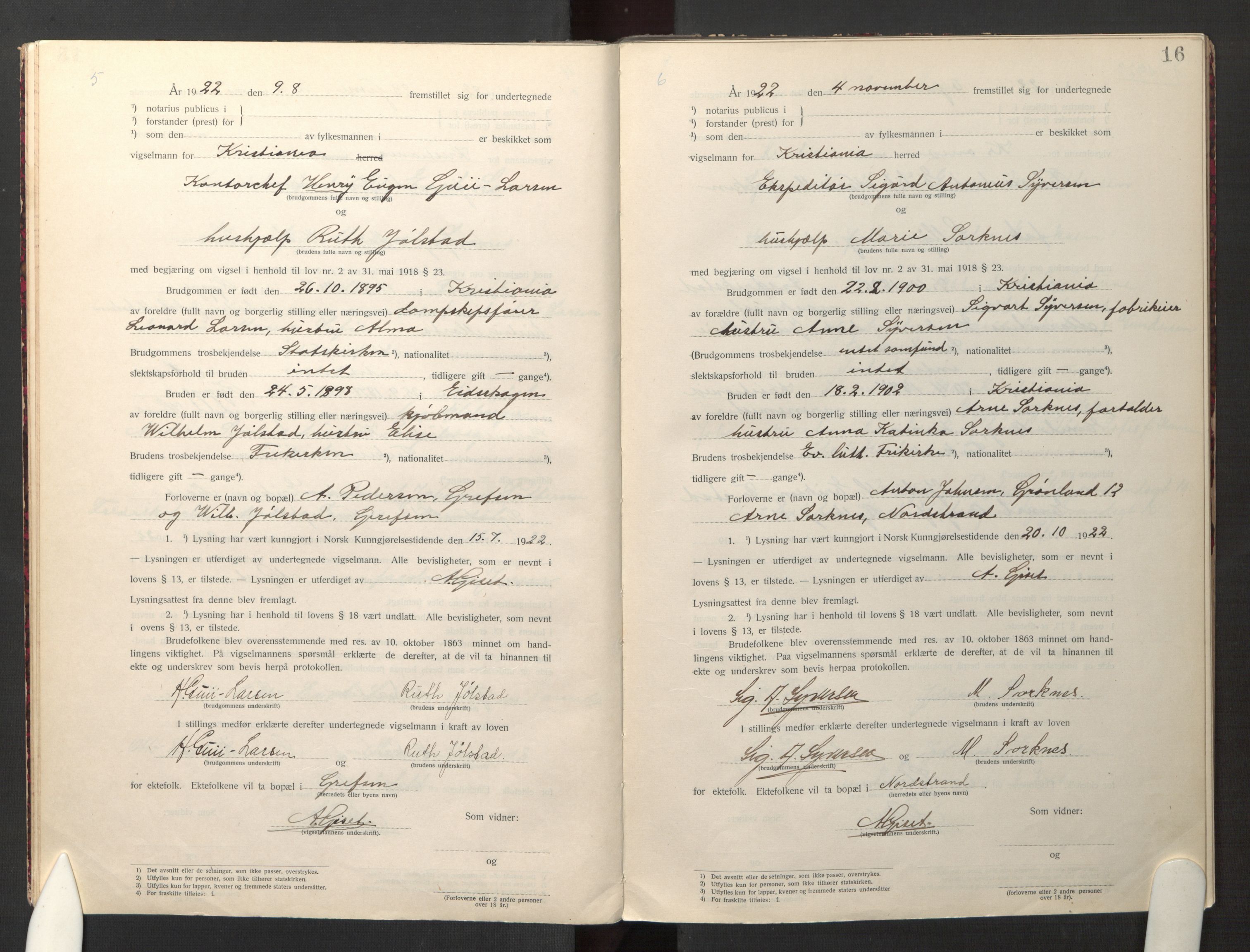 Den evangelisk-lutherske frikirke østre menighet, Oslo, AV/SAO-PAO-0245/F/L0005: Marriage register (dissenter) no. 5, 1920-1941, p. 16