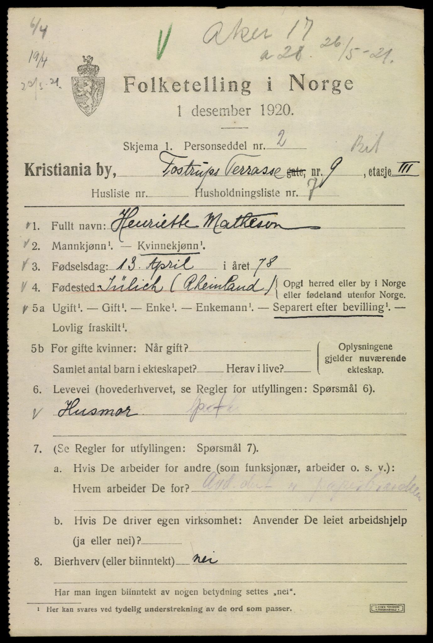 SAO, 1920 census for Kristiania, 1920, p. 596009