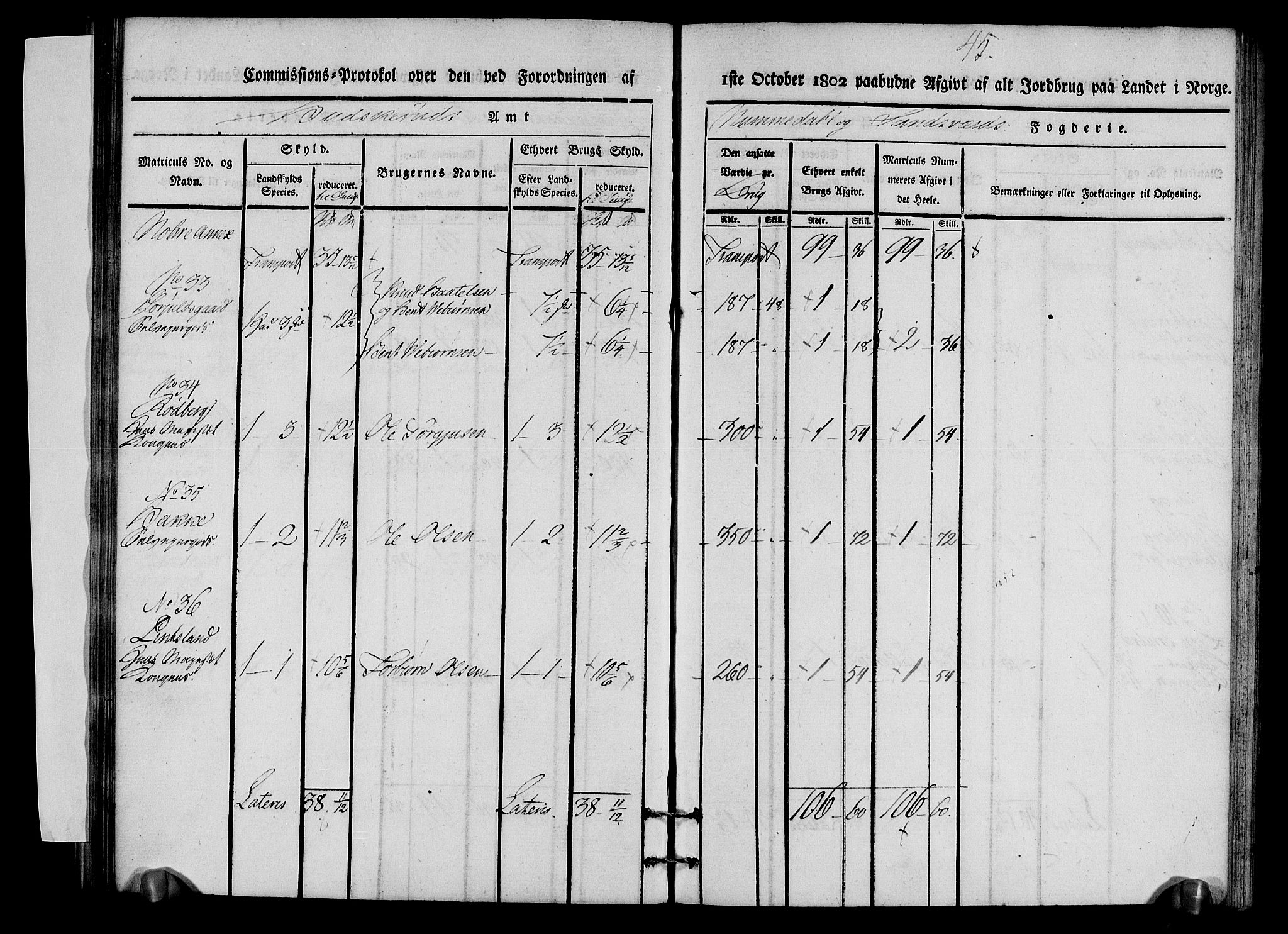 Rentekammeret inntil 1814, Realistisk ordnet avdeling, AV/RA-EA-4070/N/Ne/Nea/L0056b: Numedal og Sandsvær fogderi. Kommisjonsprotokoll over matrikulerte jordbruk i Uvdal og Nore annekser, 1803, p. 45