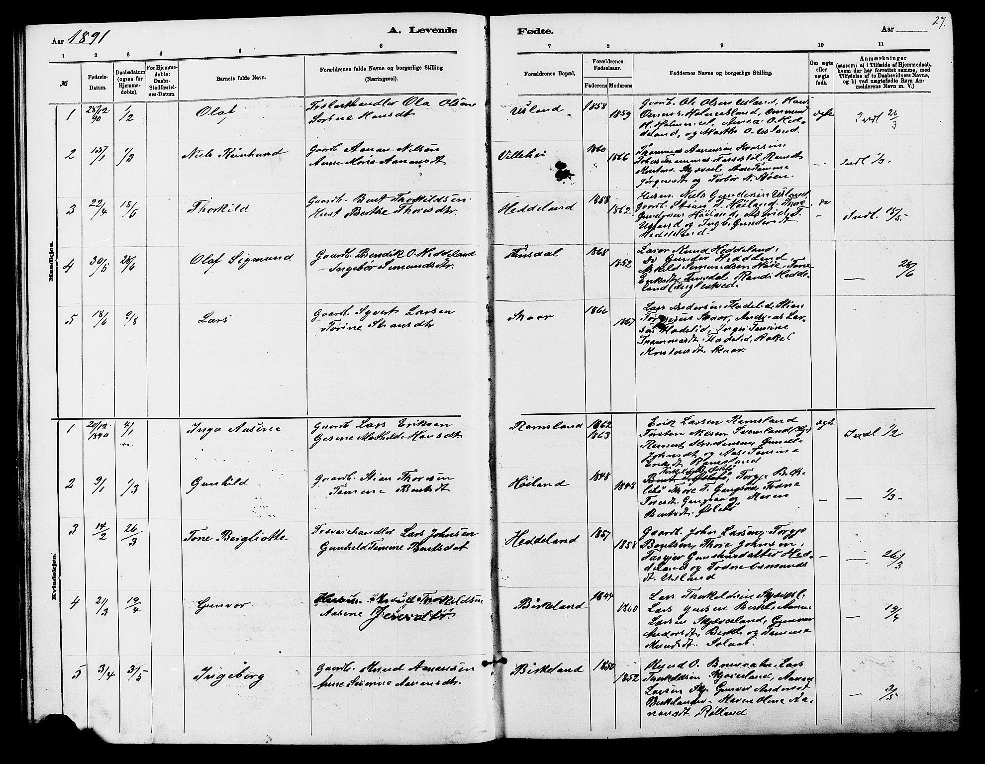 Holum sokneprestkontor, AV/SAK-1111-0022/F/Fb/Fbc/L0003: Parish register (copy) no. B 3, 1882-1908, p. 27