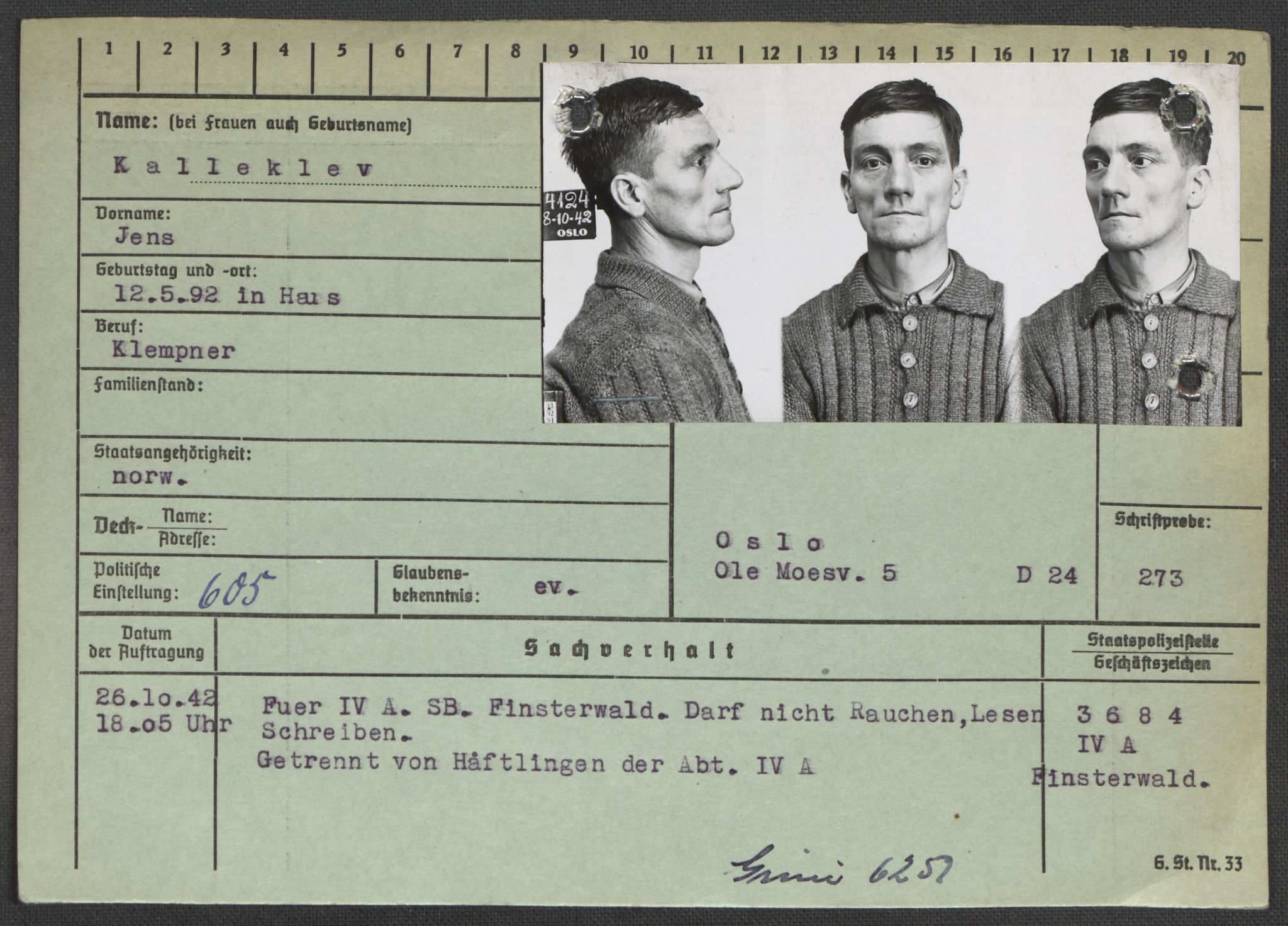 Befehlshaber der Sicherheitspolizei und des SD, RA/RAFA-5969/E/Ea/Eaa/L0005: Register over norske fanger i Møllergata 19: Hø-Kj, 1940-1945, p. 1153