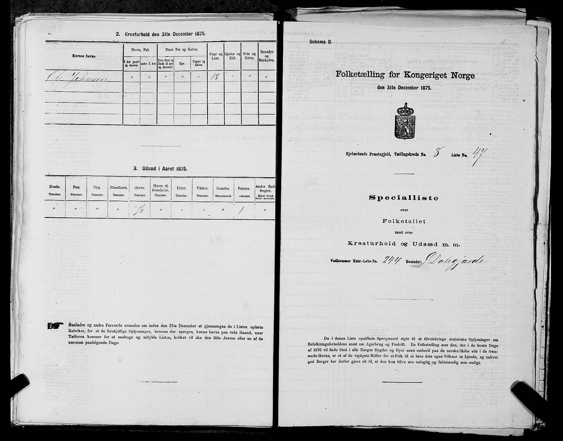 SAST, 1875 census for 1133P Hjelmeland, 1875, p. 1142