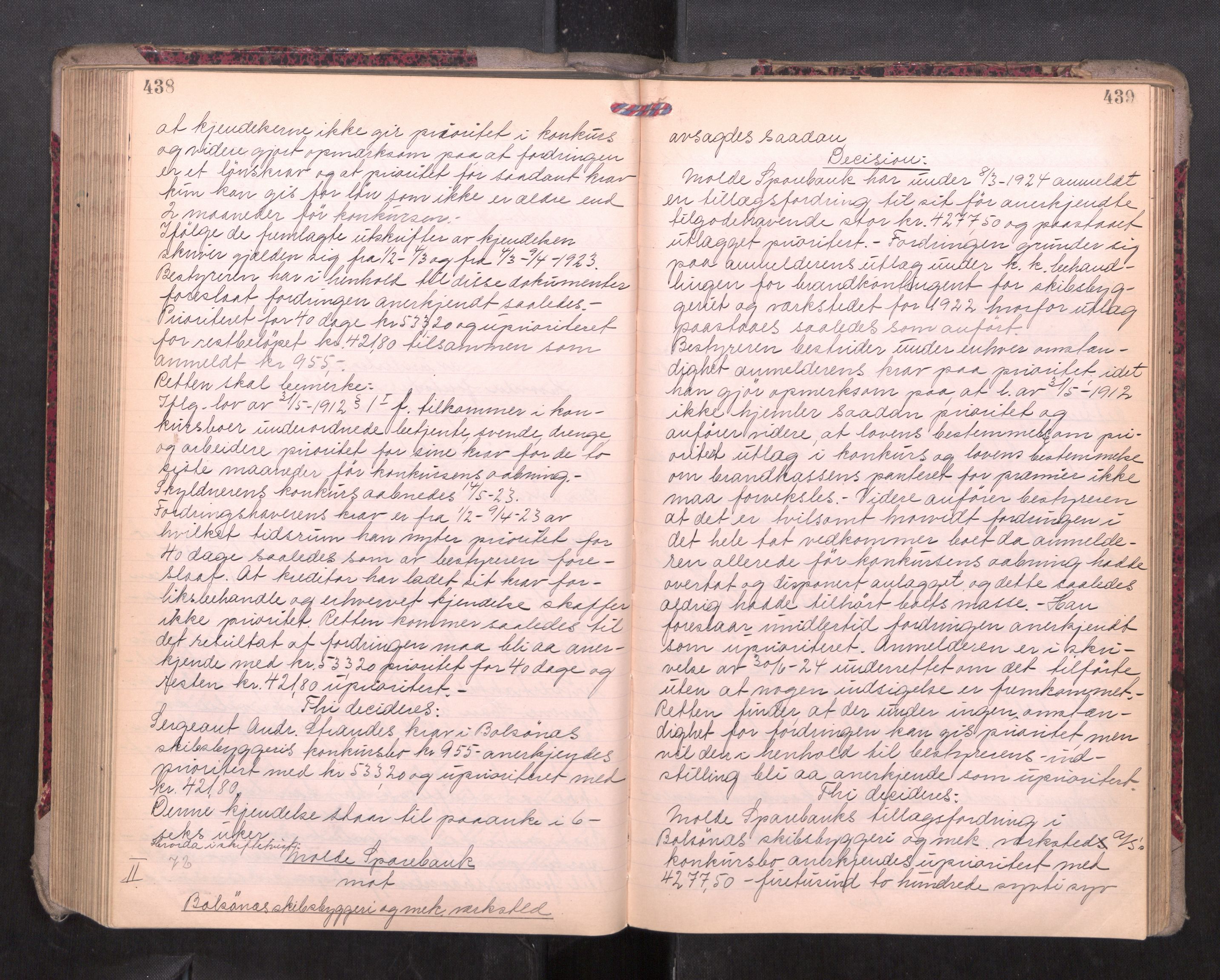 Romsdal sorenskriveri, AV/SAT-A-4149/1/3/3B/L0010: Skiftebehandlingsprotokoll, 1923-1925, p. 438-439