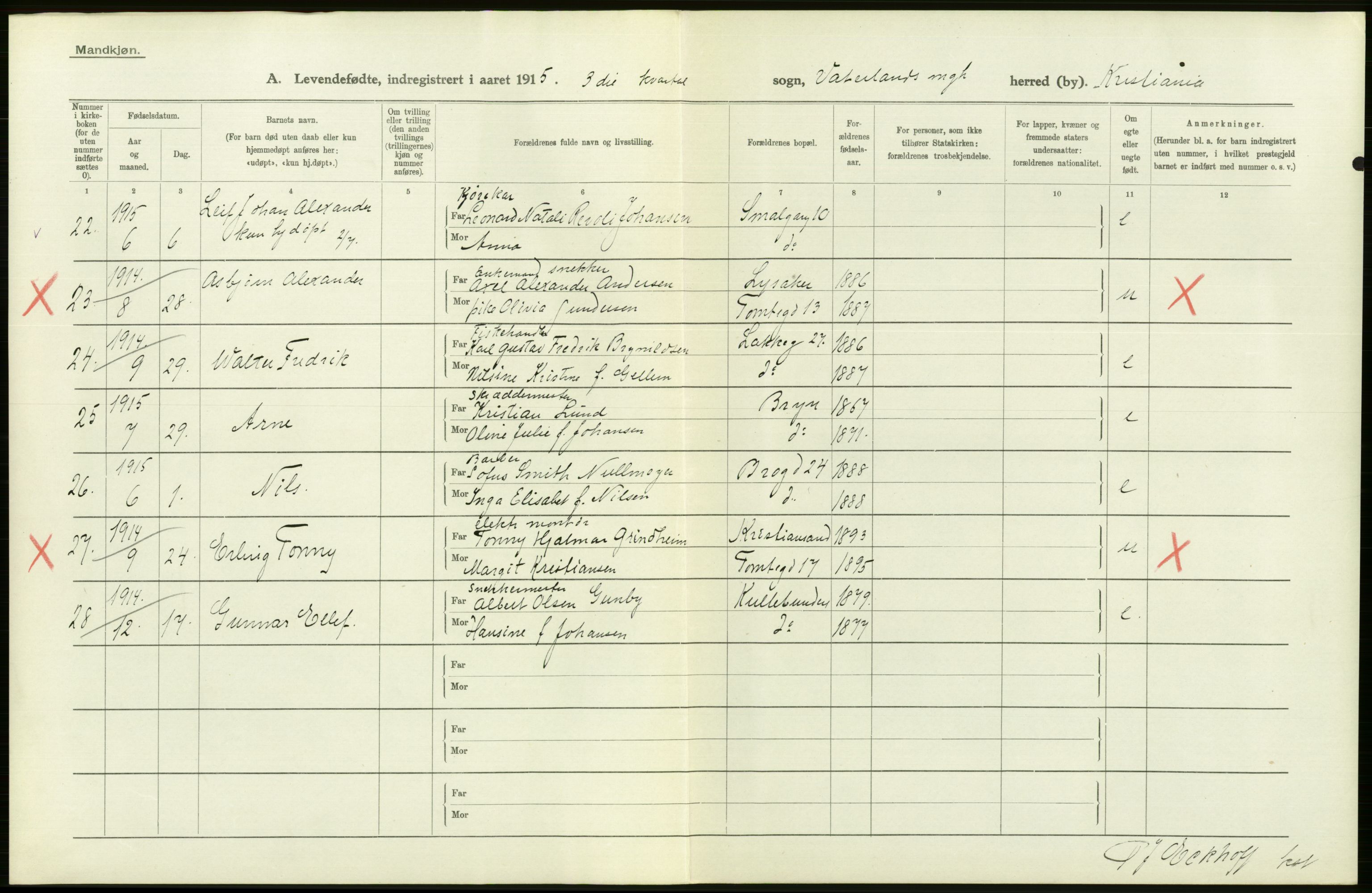 Statistisk sentralbyrå, Sosiodemografiske emner, Befolkning, RA/S-2228/D/Df/Dfb/Dfbe/L0006: Kristiania: Levendefødte menn og kvinner., 1915, p. 318