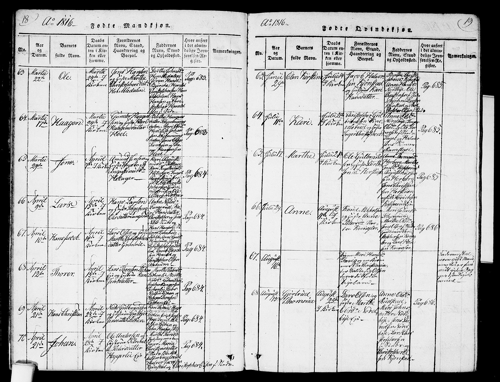 Nannestad prestekontor Kirkebøker, SAO/A-10414a/G/Ga/L0001: Parish register (copy) no. I 1, 1815-1839, p. 18-19