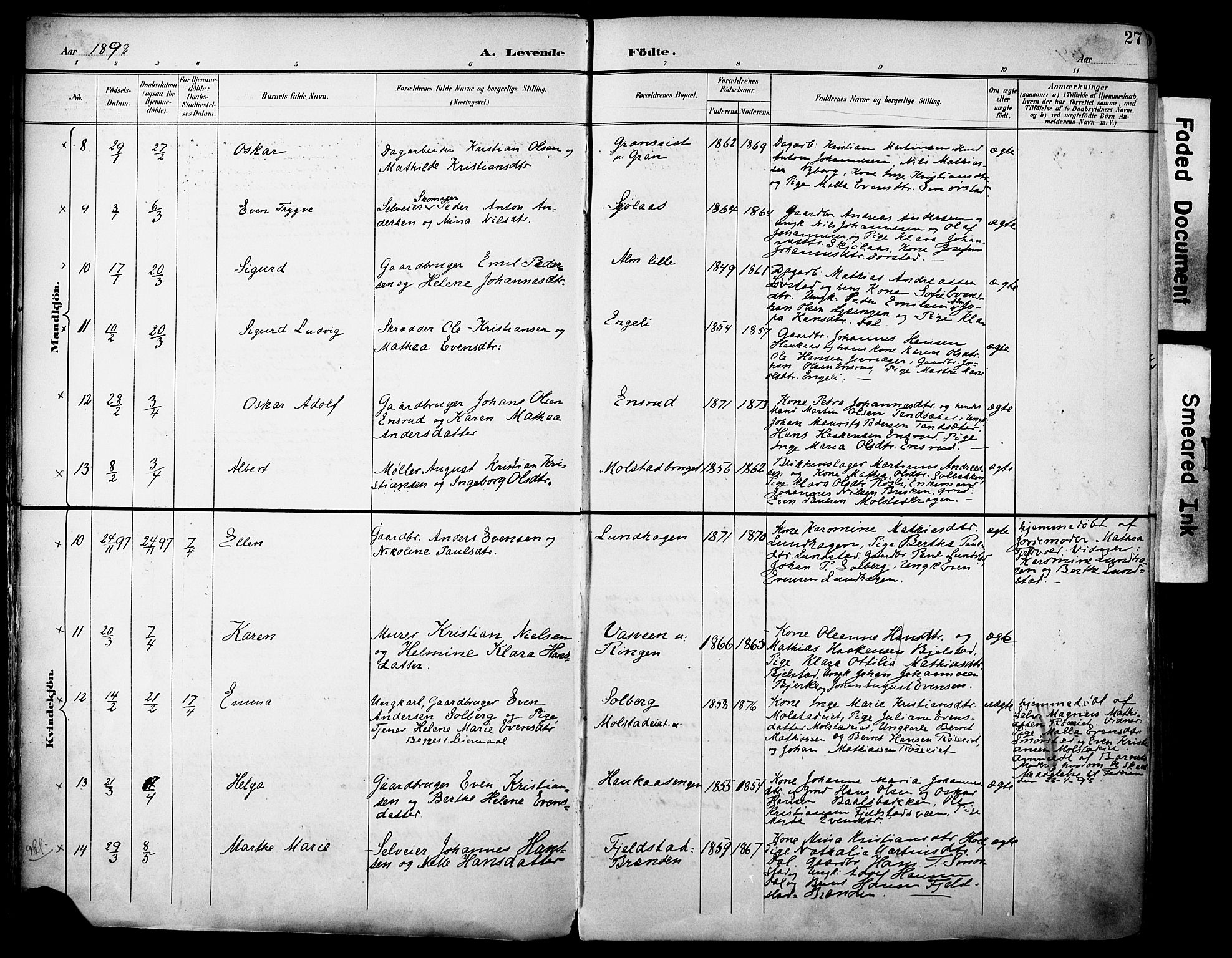 Vestre Toten prestekontor, SAH/PREST-108/H/Ha/Haa/L0013: Parish register (official) no. 13, 1895-1911, p. 27