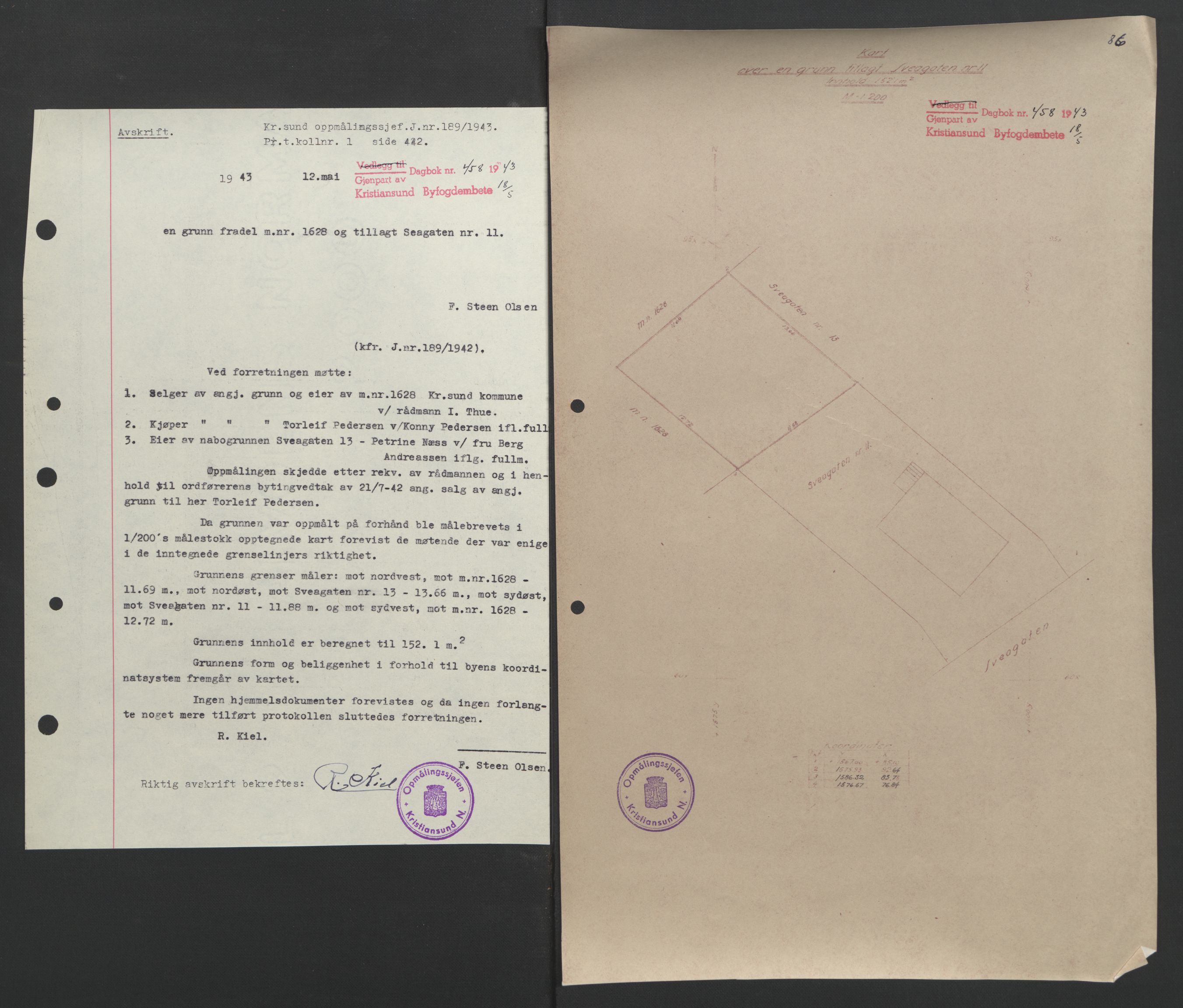 Kristiansund byfogd, AV/SAT-A-4587/A/27: Mortgage book no. 37, 1942-1945, Diary no: : 458/1943