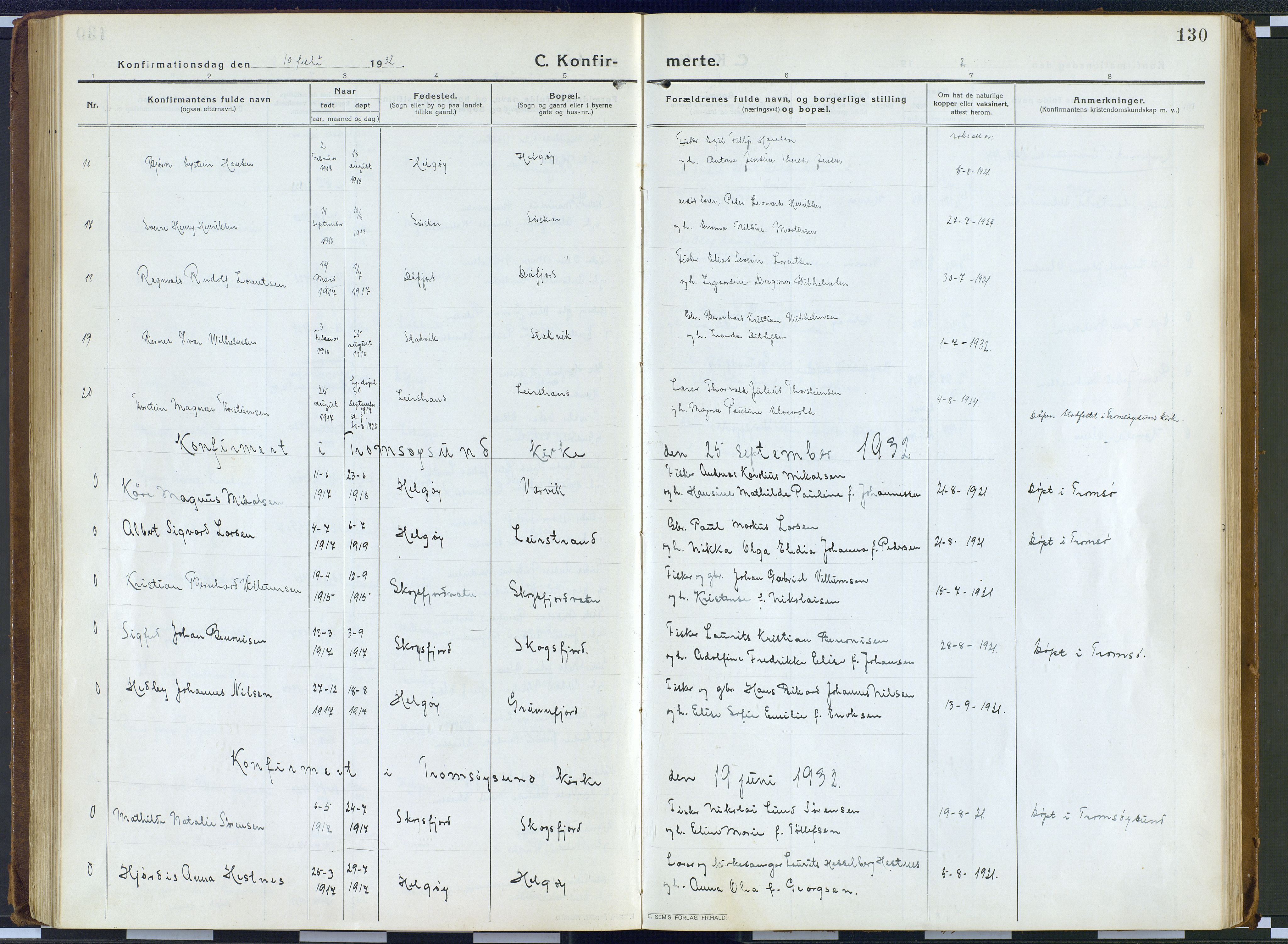 Karlsøy sokneprestembete, AV/SATØ-S-1299/H/Ha/Haa/L0016kirke: Parish register (official) no. 16, 1916-1934, p. 130