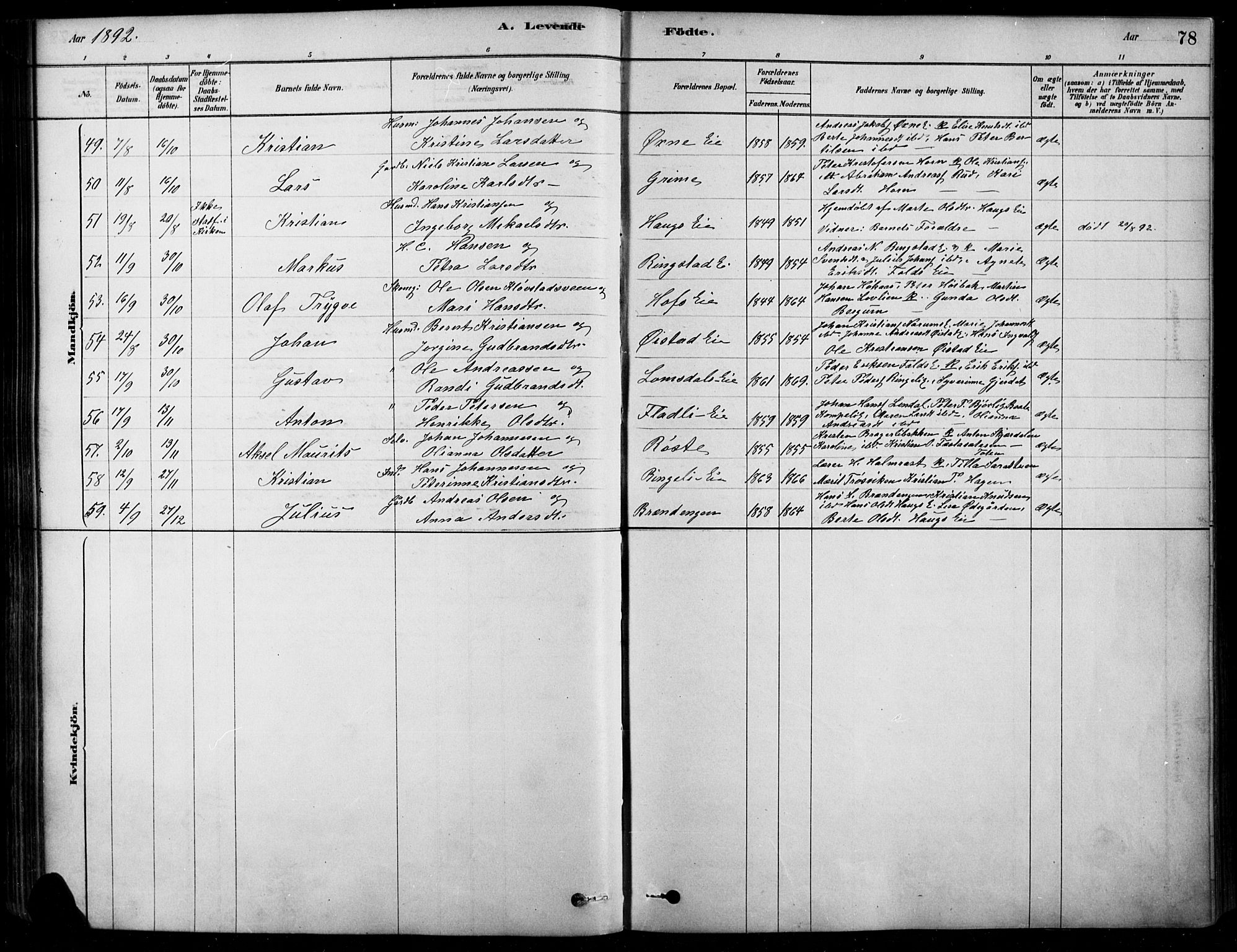 Søndre Land prestekontor, SAH/PREST-122/K/L0003: Parish register (official) no. 3, 1878-1894, p. 78