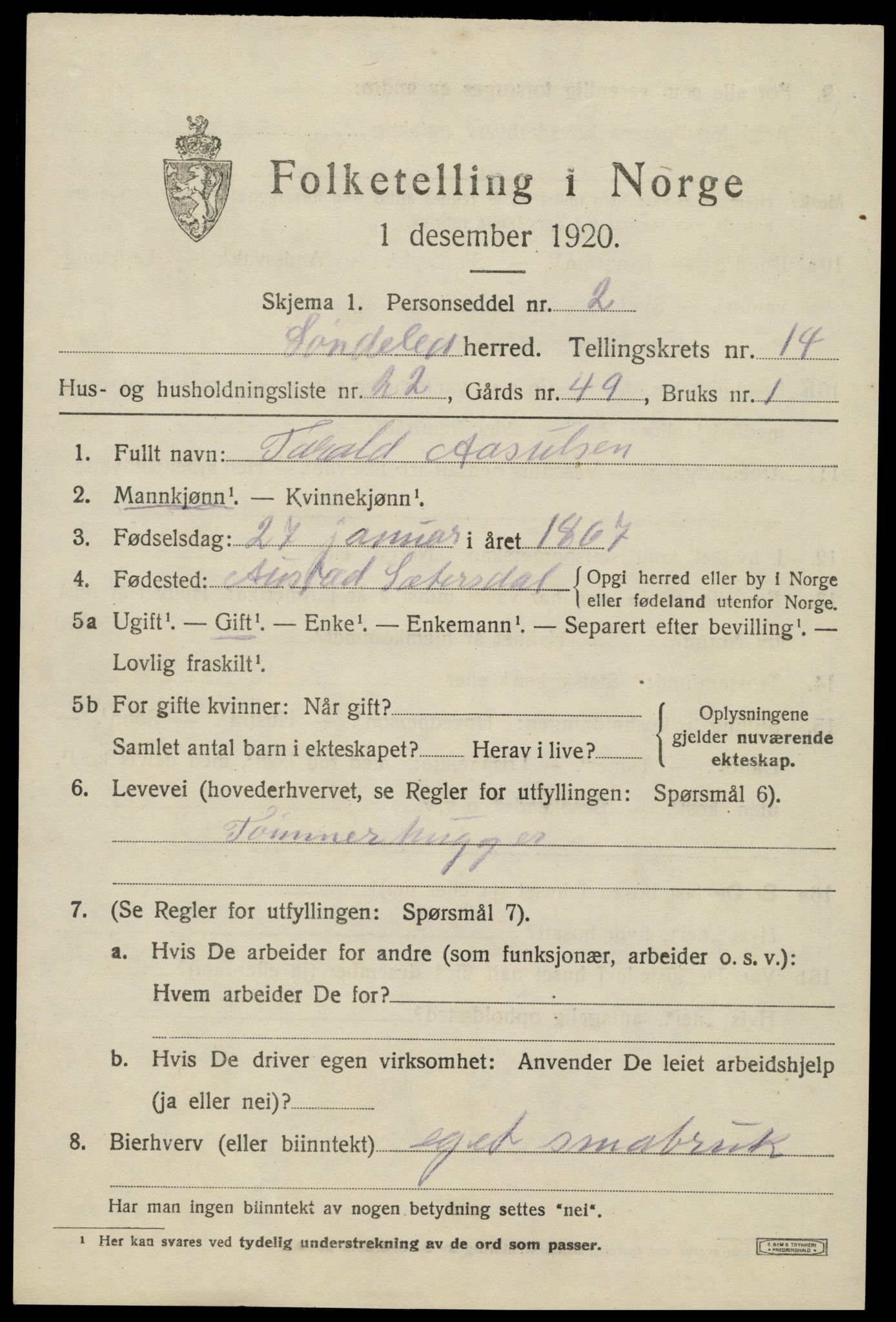 SAK, 1920 census for Søndeled, 1920, p. 6665