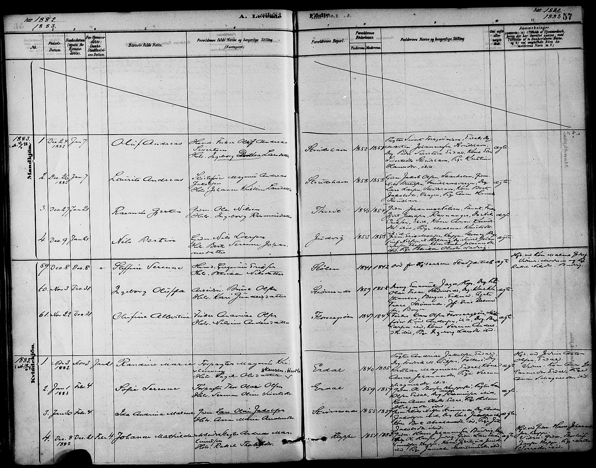 Askøy Sokneprestembete, SAB/A-74101/H/Ha/Haa/Haab/L0001: Parish register (official) no. B 1, 1878-1889, p. 57