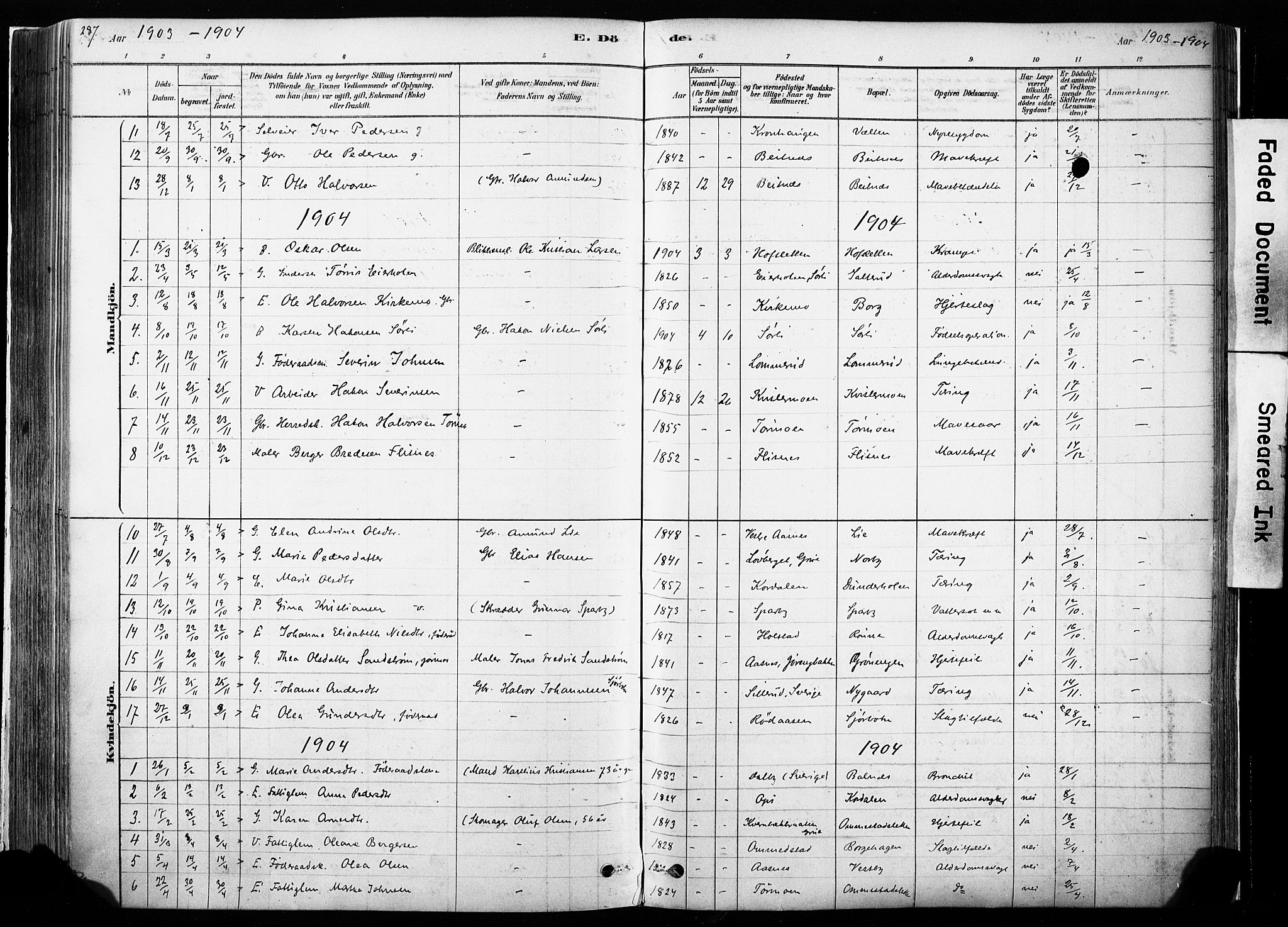 Hof prestekontor, SAH/PREST-038/H/Ha/Haa/L0010: Parish register (official) no. 10, 1878-1909, p. 287