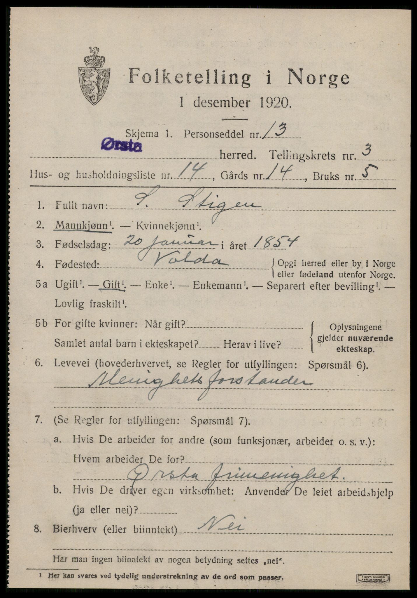 SAT, 1920 census for Ørsta, 1920, p. 2744