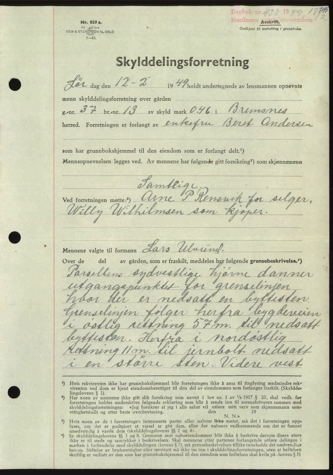 Nordmøre sorenskriveri, AV/SAT-A-4132/1/2/2Ca: Mortgage book no. A110, 1948-1949, Diary no: : 433/1949