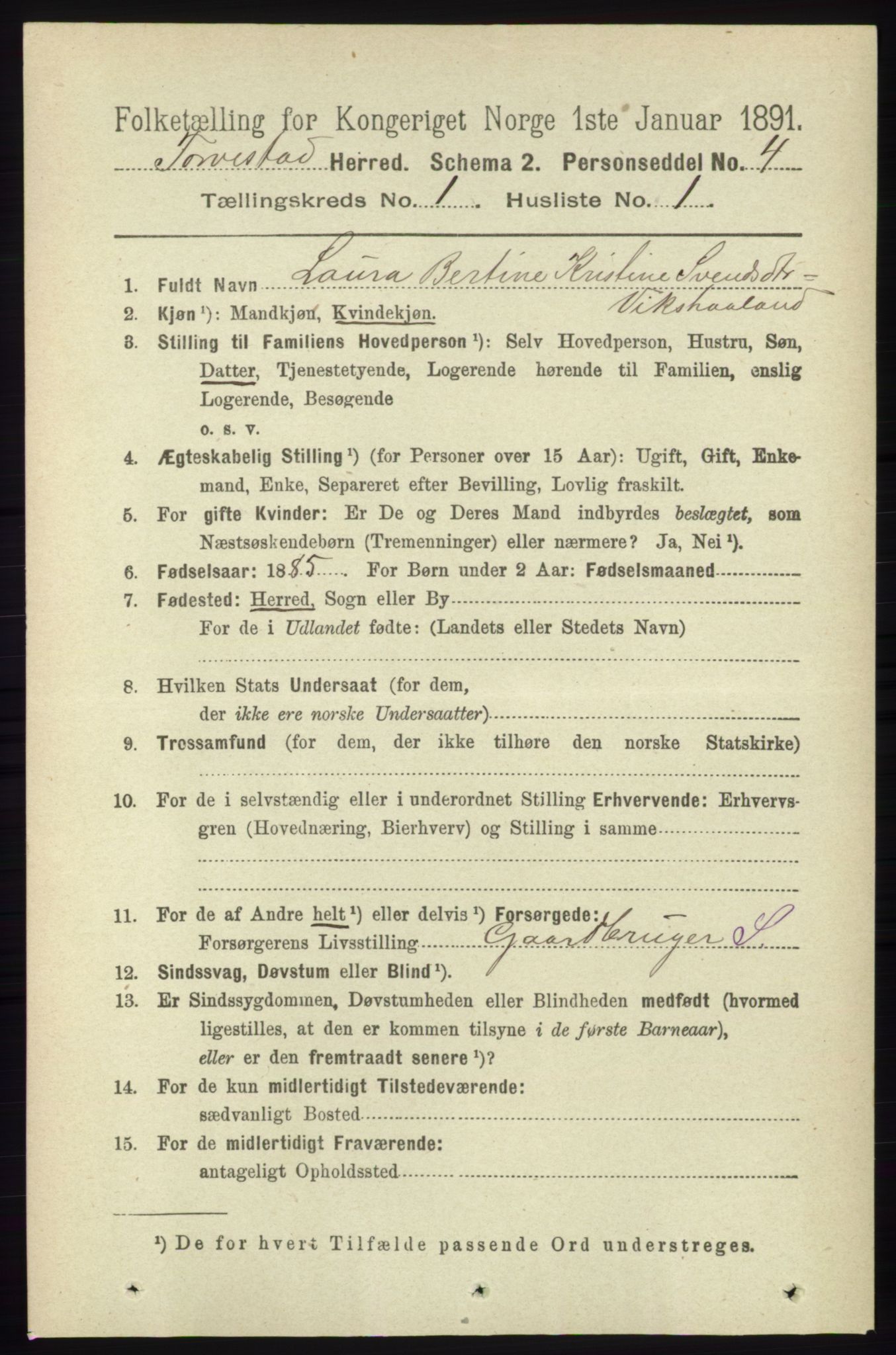 RA, 1891 census for 1152 Torvastad, 1891, p. 89