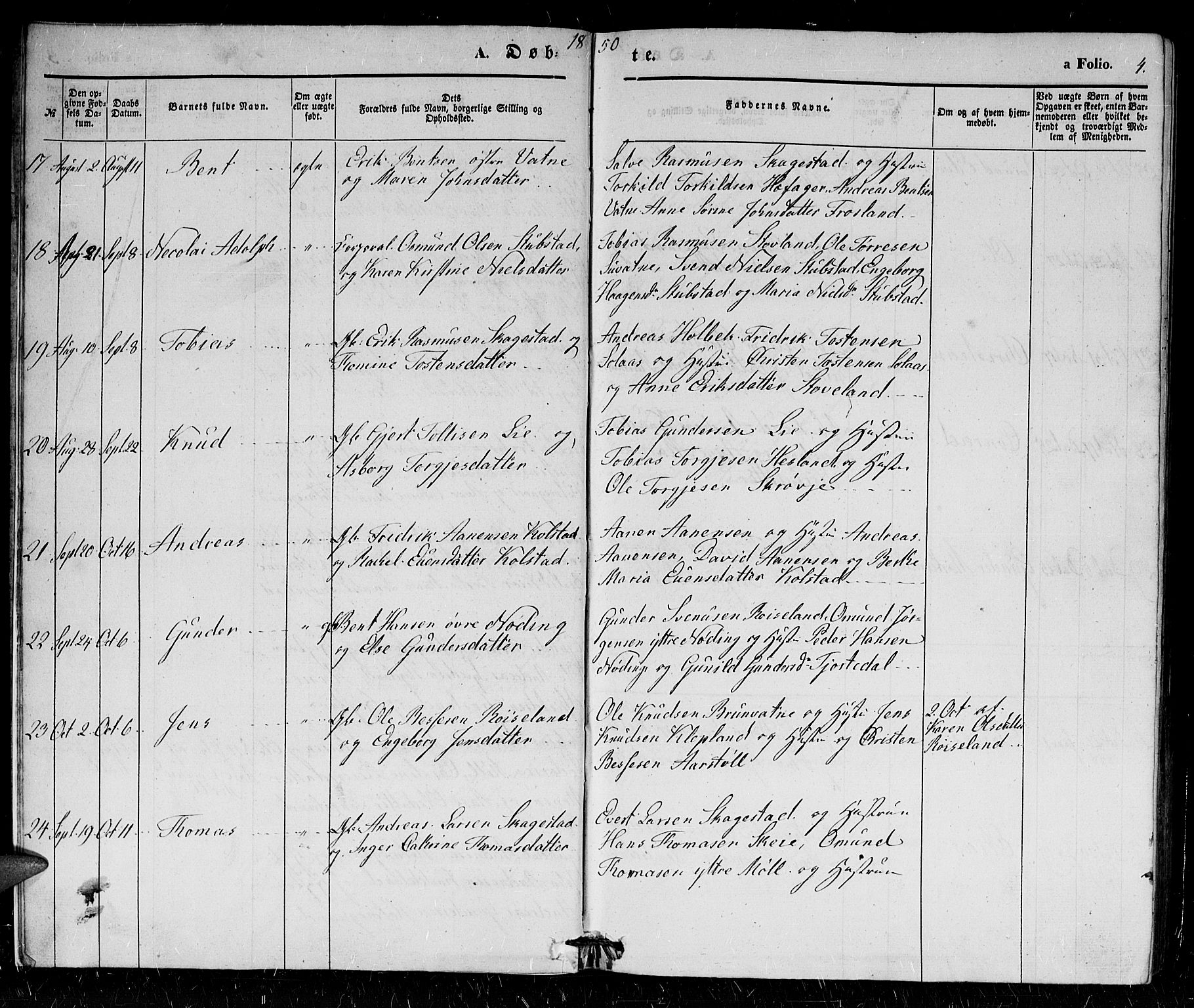 Holum sokneprestkontor, SAK/1111-0022/F/Fb/Fba/L0003: Parish register (copy) no. B 3, 1850-1866, p. 4