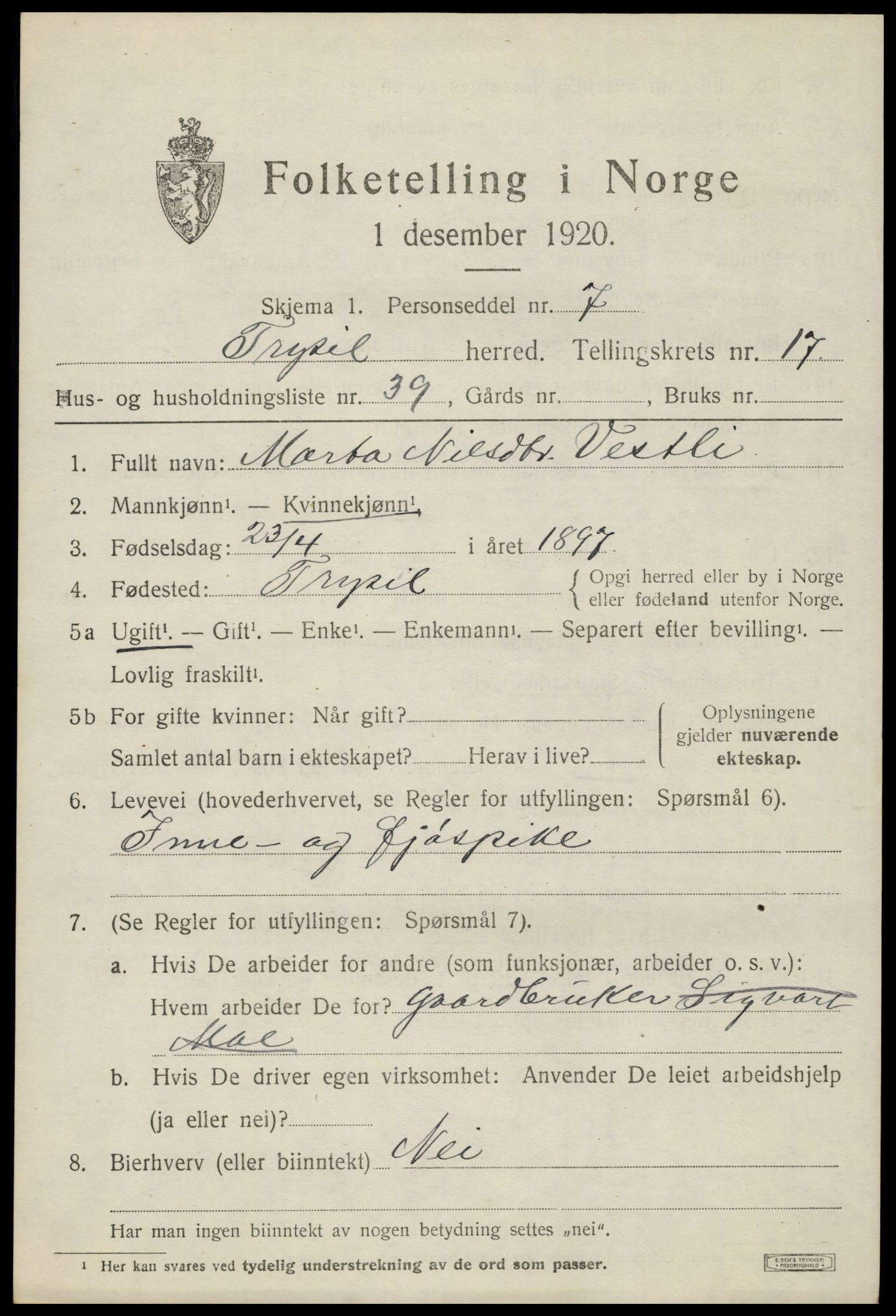 SAH, 1920 census for Trysil, 1920, p. 10661