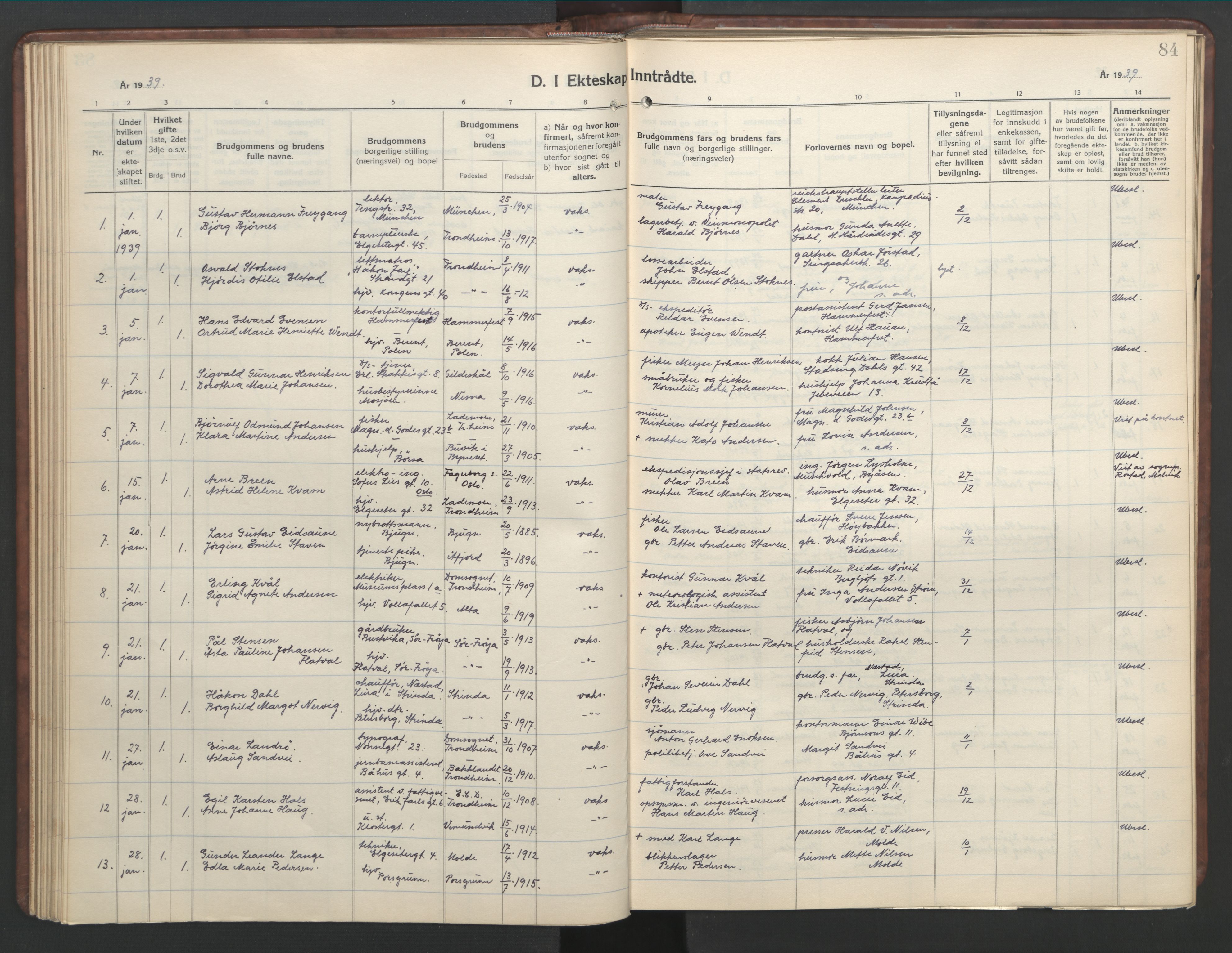 Ministerialprotokoller, klokkerbøker og fødselsregistre - Sør-Trøndelag, SAT/A-1456/601/L0101: Parish register (copy) no. 601C19, 1935-1946, p. 84