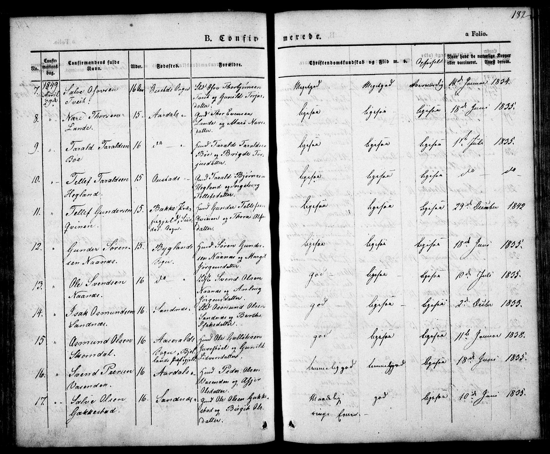 Bygland sokneprestkontor, SAK/1111-0006/F/Fa/Fab/L0004: Parish register (official) no. A 4, 1842-1858, p. 182