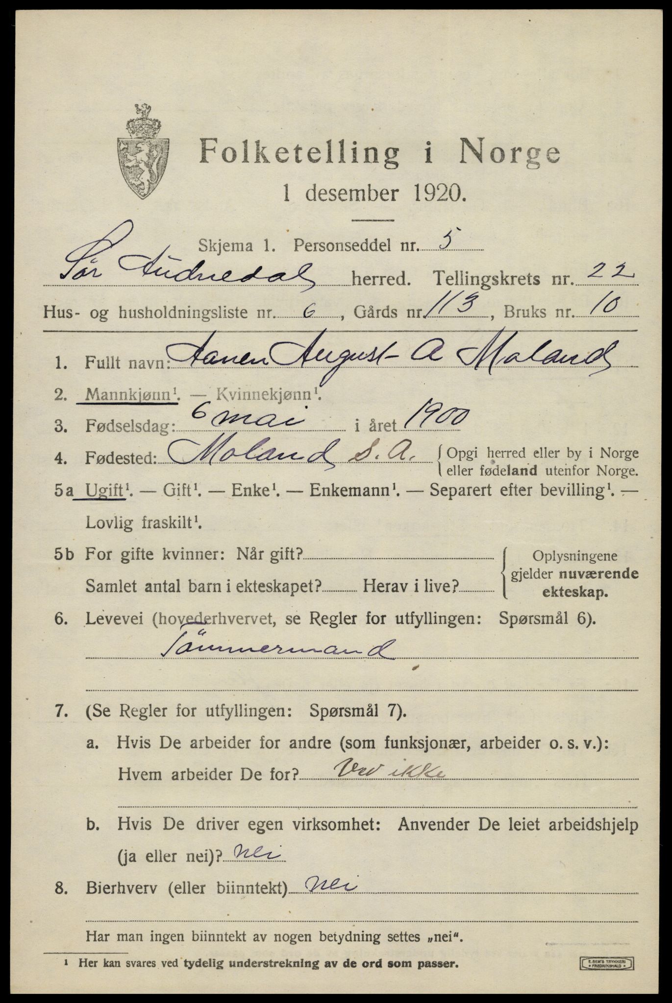 SAK, 1920 census for Sør-Audnedal, 1920, p. 7149