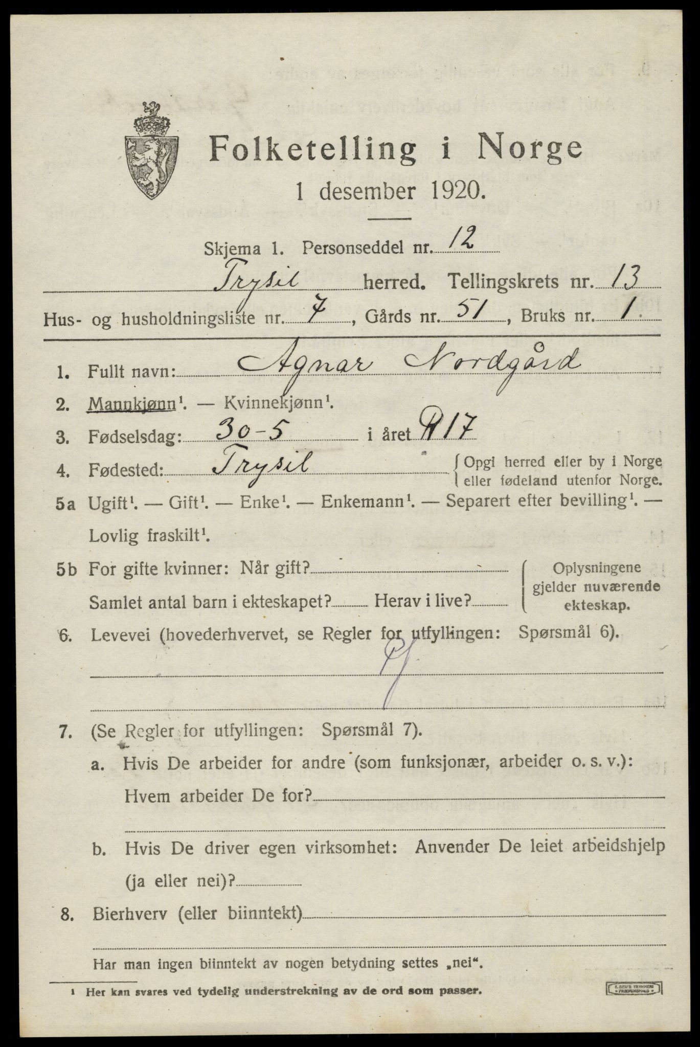 SAH, 1920 census for Trysil, 1920, p. 7715
