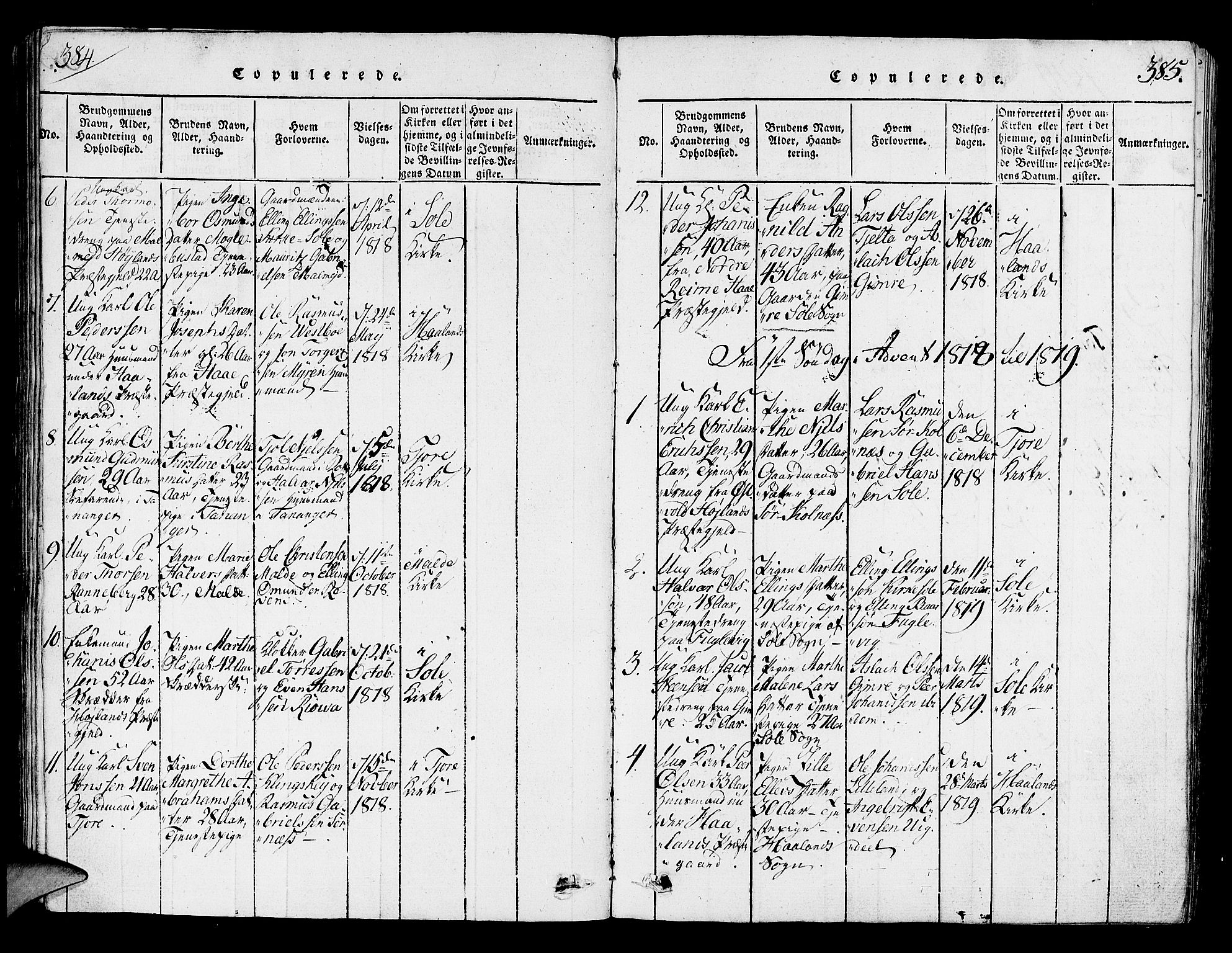 Håland sokneprestkontor, SAST/A-101802/001/30BA/L0004: Parish register (official) no. A 4, 1815-1829, p. 384-385