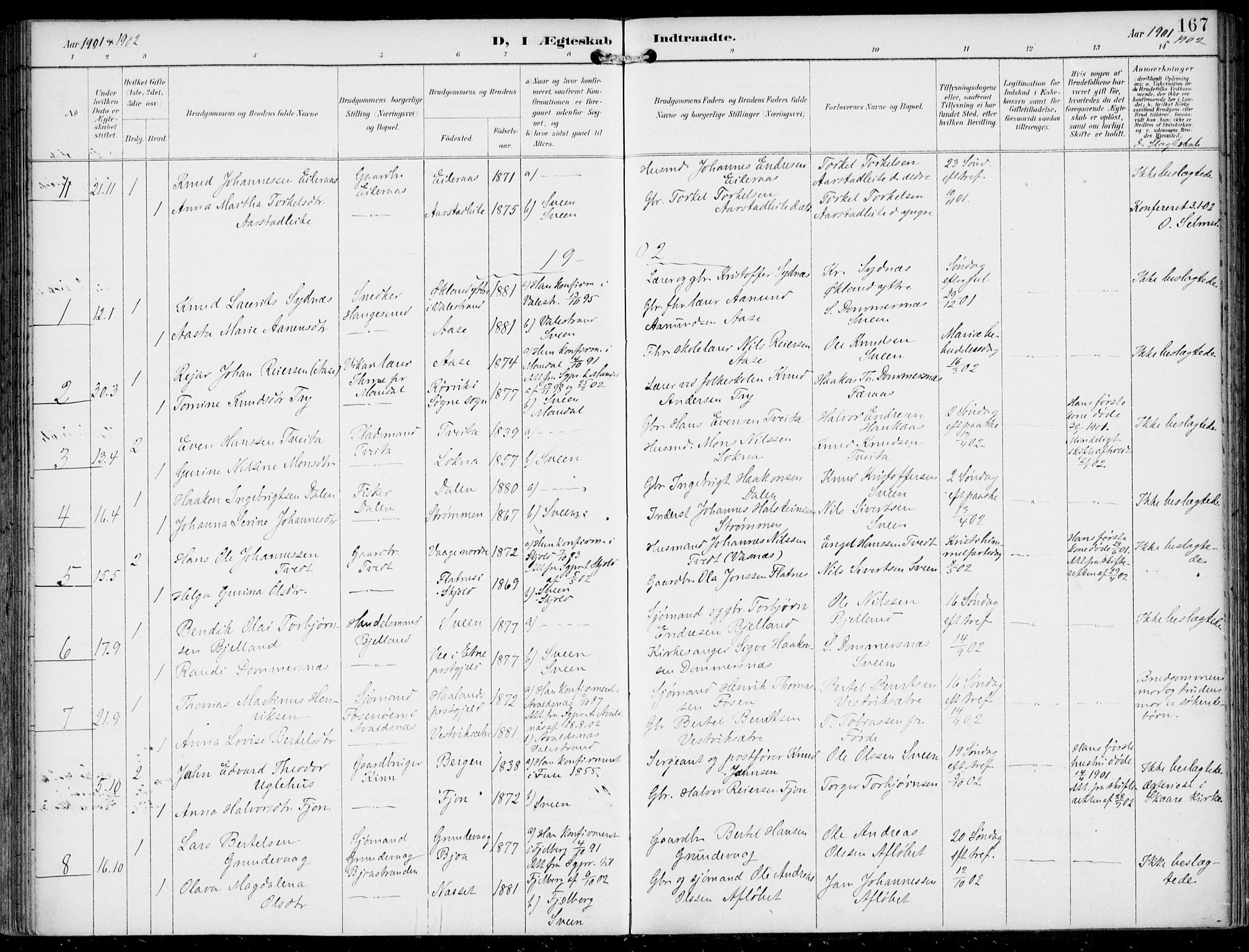 Sveio Sokneprestembete, AV/SAB-A-78501/H/Haa: Parish register (official) no. B  3, 1894-1906, p. 167