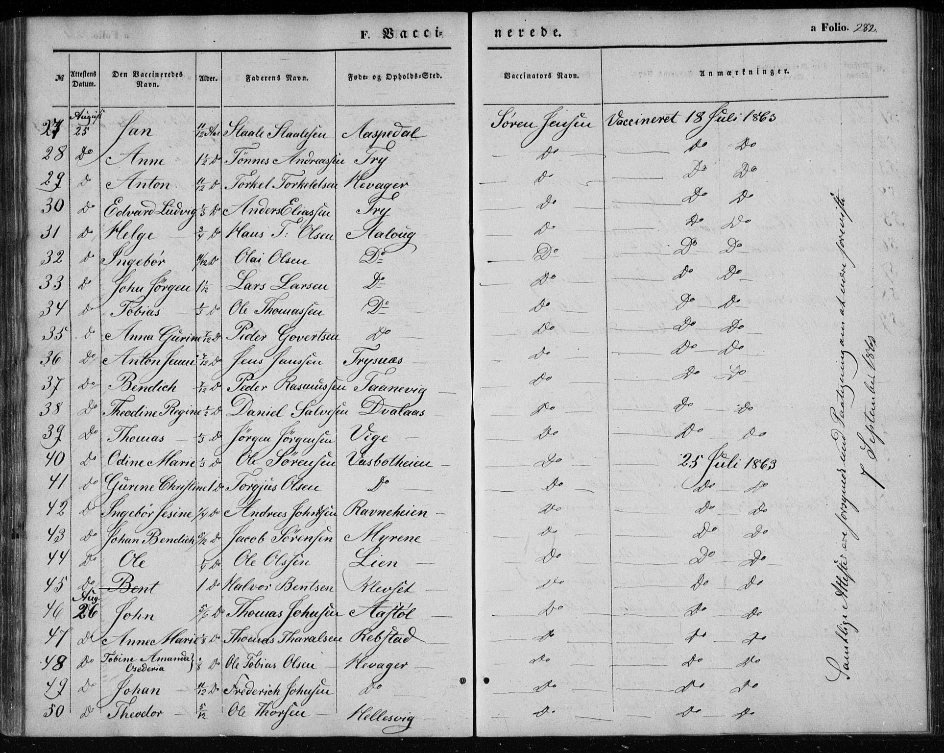 Søgne sokneprestkontor, SAK/1111-0037/F/Fa/Fab/L0010: Parish register (official) no. A 10, 1853-1869, p. 282