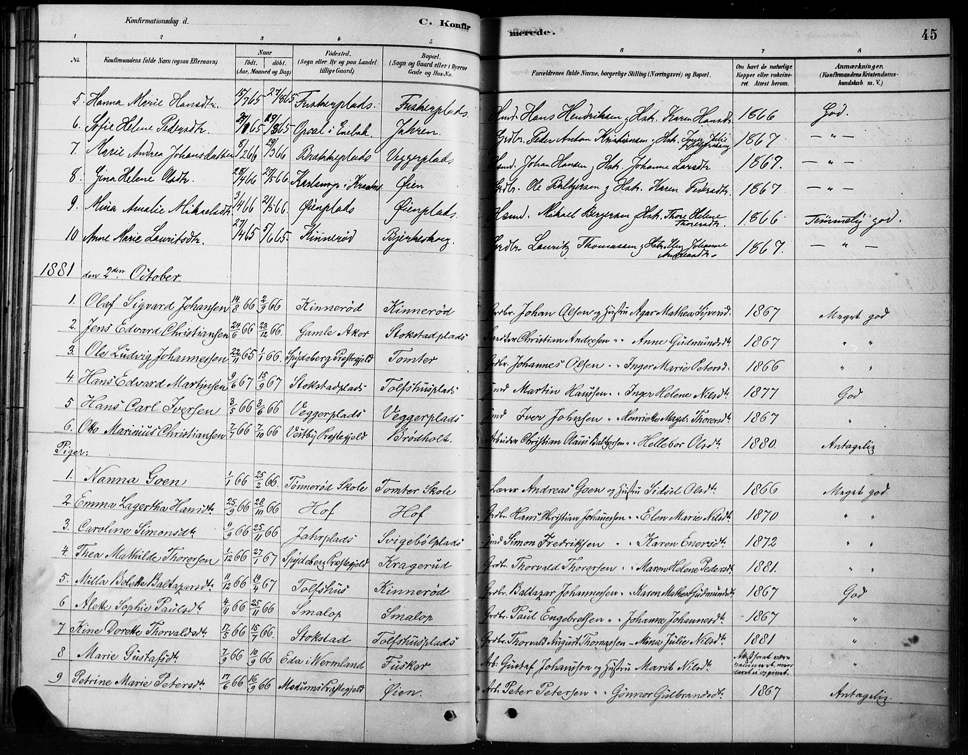 Hobøl prestekontor Kirkebøker, SAO/A-2002/F/Fb/L0001: Parish register (official) no. II 1, 1878-1904, p. 45