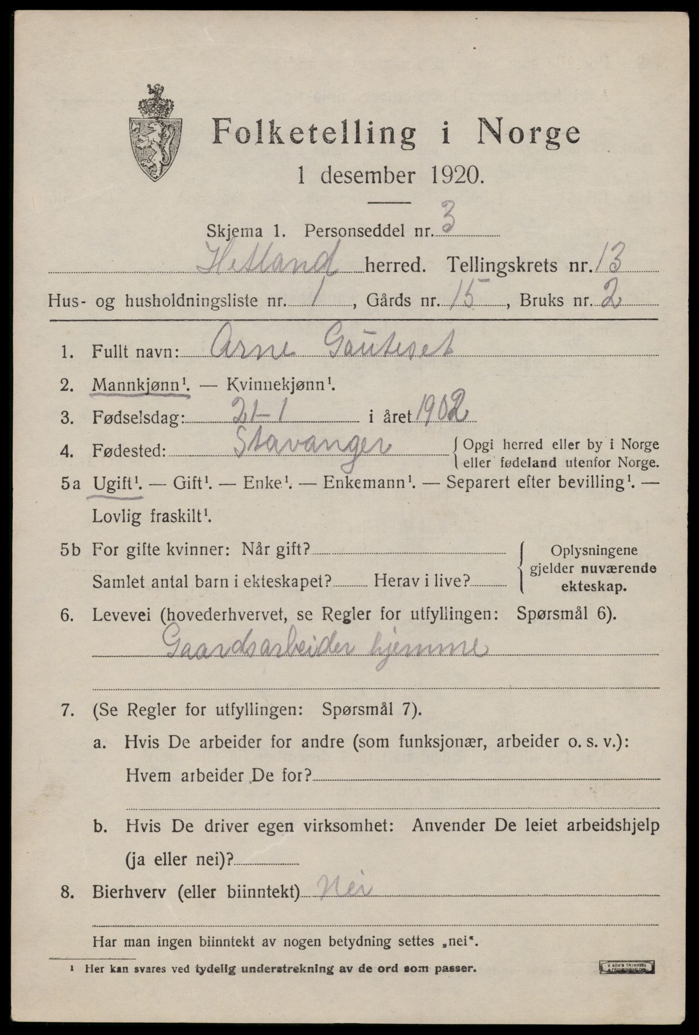 SAST, 1920 census for Hetland, 1920, p. 21647