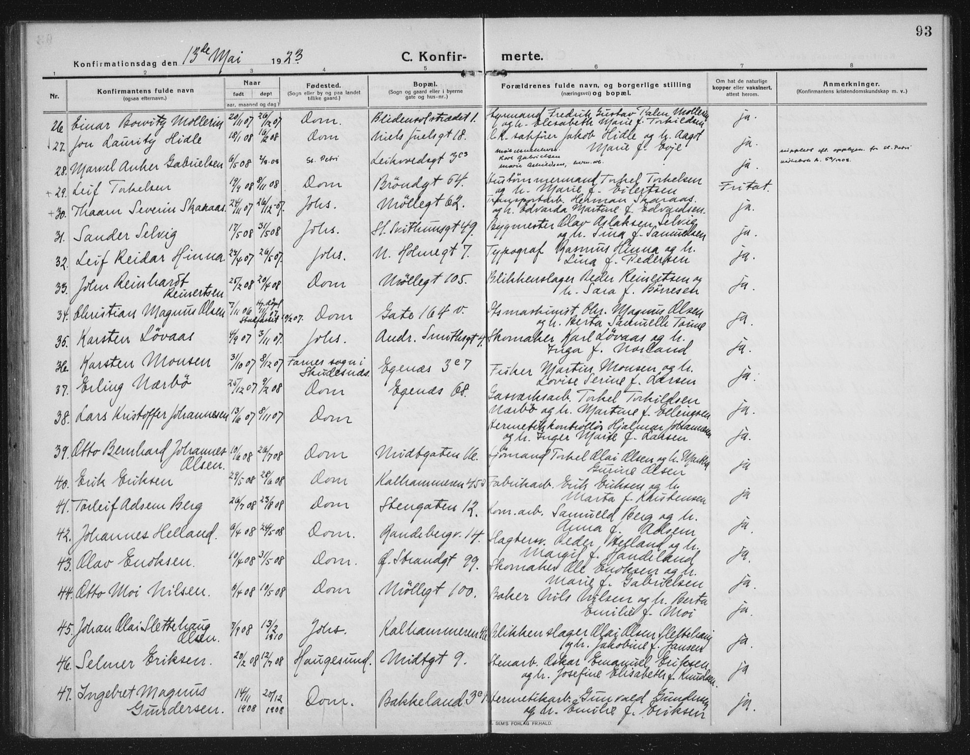 Domkirken sokneprestkontor, AV/SAST-A-101812/002/A/L0019: Parish register (official) no. A 35, 1916-1932, p. 93