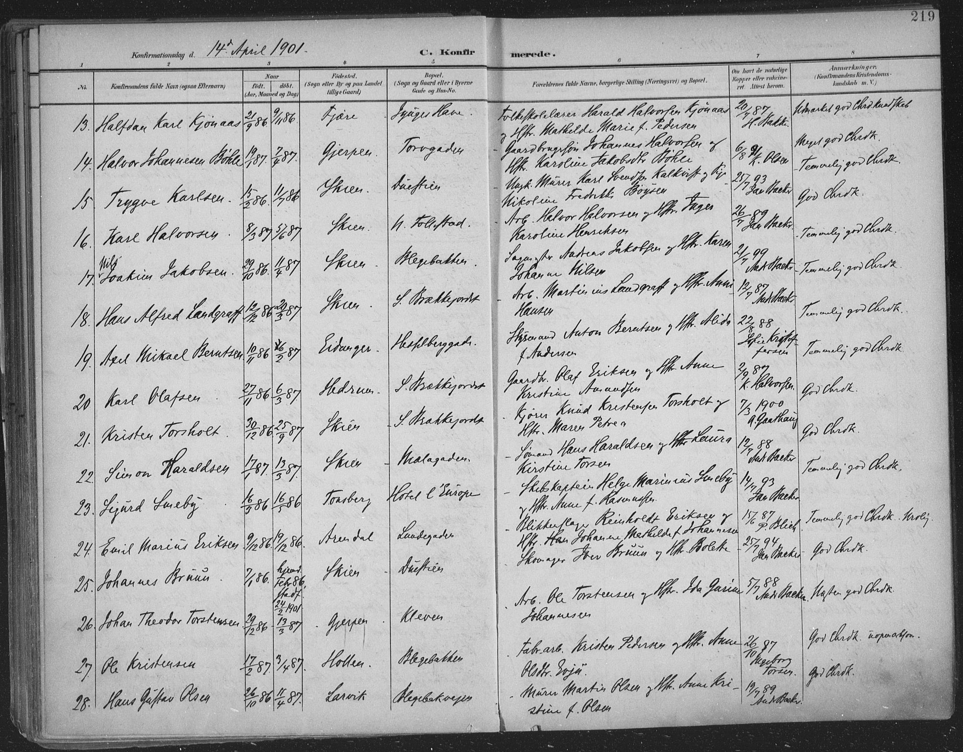 Skien kirkebøker, SAKO/A-302/F/Fa/L0011: Parish register (official) no. 11, 1900-1907, p. 219