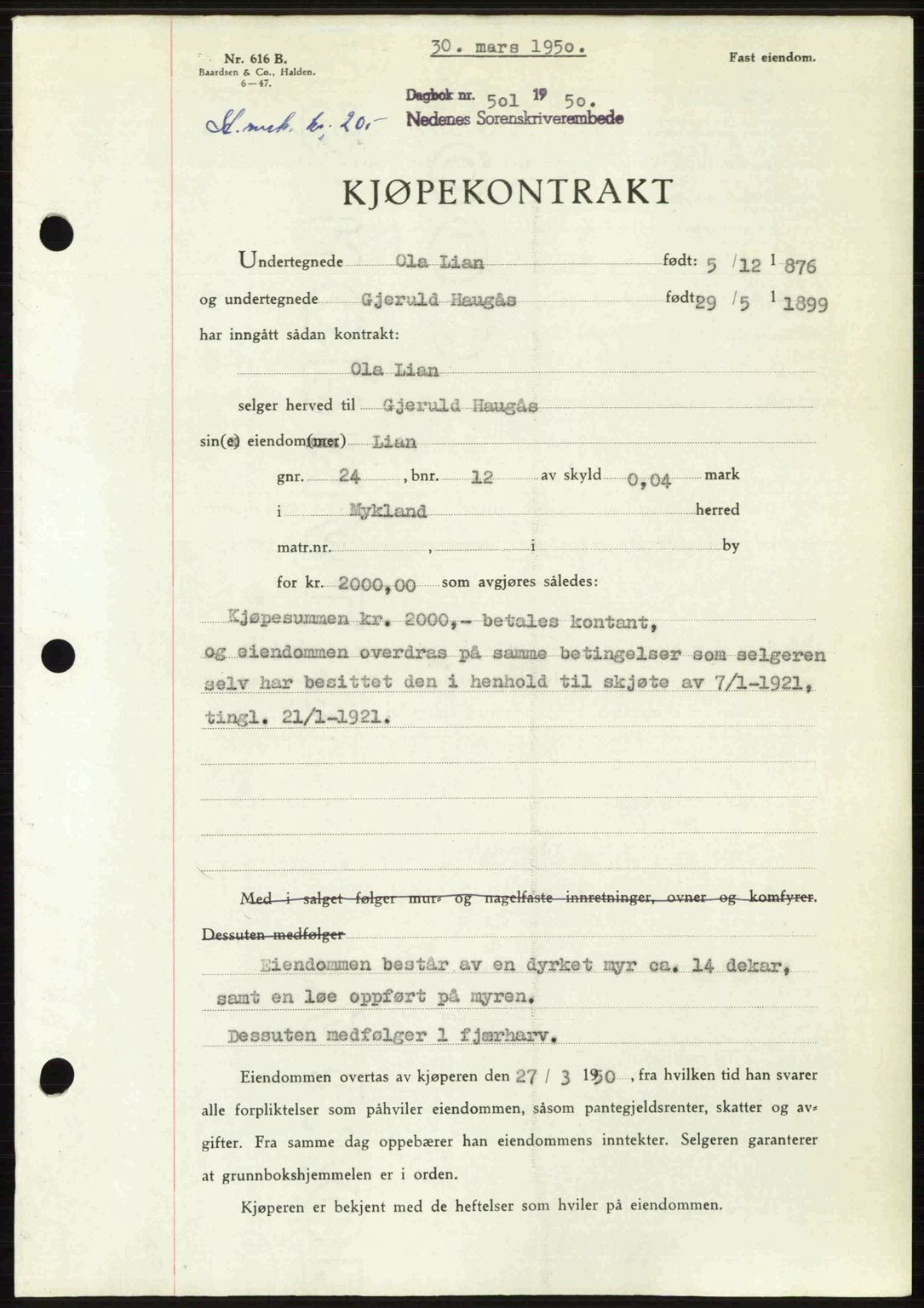 Nedenes sorenskriveri, SAK/1221-0006/G/Gb/Gba/L0062: Mortgage book no. A14, 1949-1950, Diary no: : 501/1950