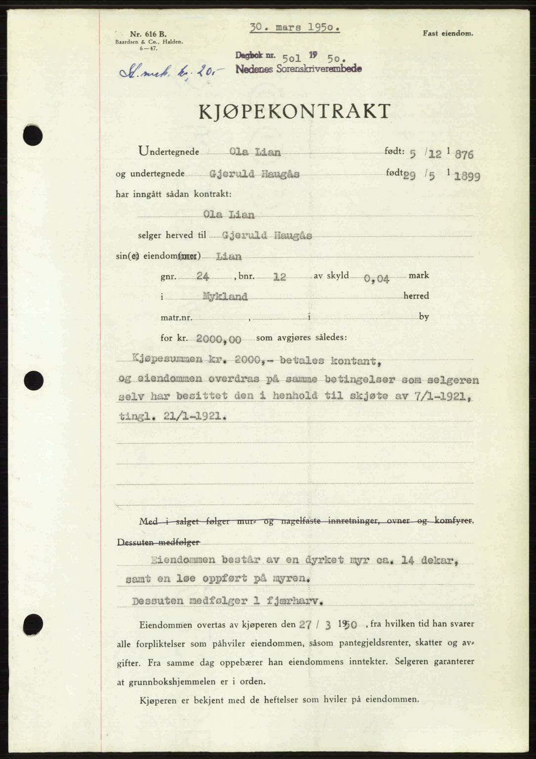 Nedenes sorenskriveri, AV/SAK-1221-0006/G/Gb/Gba/L0062: Mortgage book no. A14, 1949-1950, Diary no: : 501/1950