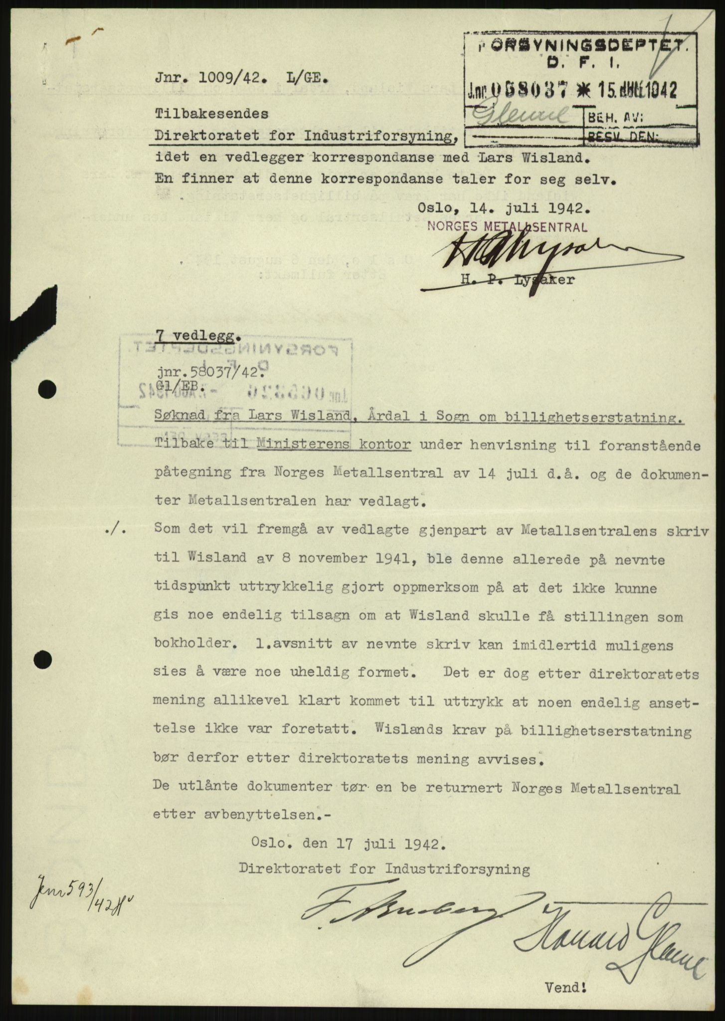 Direktoratet for industriforsyning, Sekretariatet, AV/RA-S-4153/D/Df/L0054: 9. Metallkontoret, 1940-1945, p. 1755