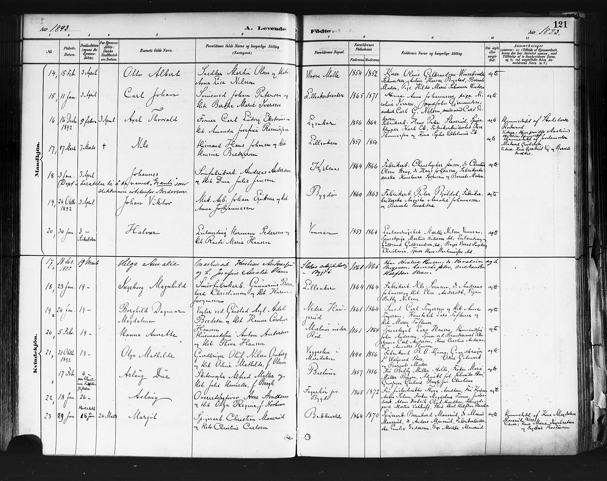 Vestre Aker prestekontor Kirkebøker, AV/SAO-A-10025/F/Fa/L0010: Parish register (official) no. 10, 1886-1903, p. 121