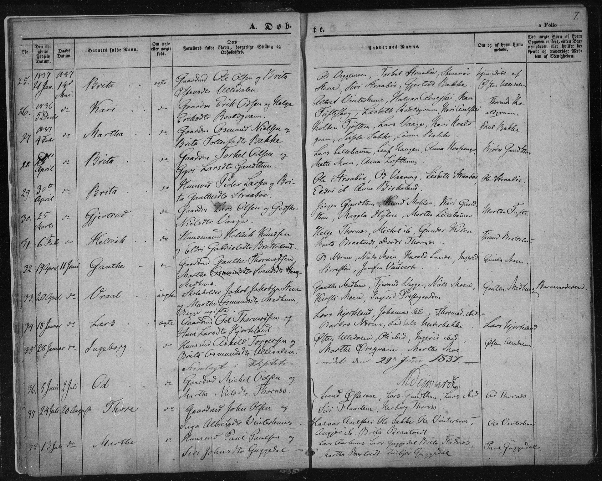 Suldal sokneprestkontor, SAST/A-101845/01/IV/L0008: Parish register (official) no. A 8, 1836-1853, p. 7