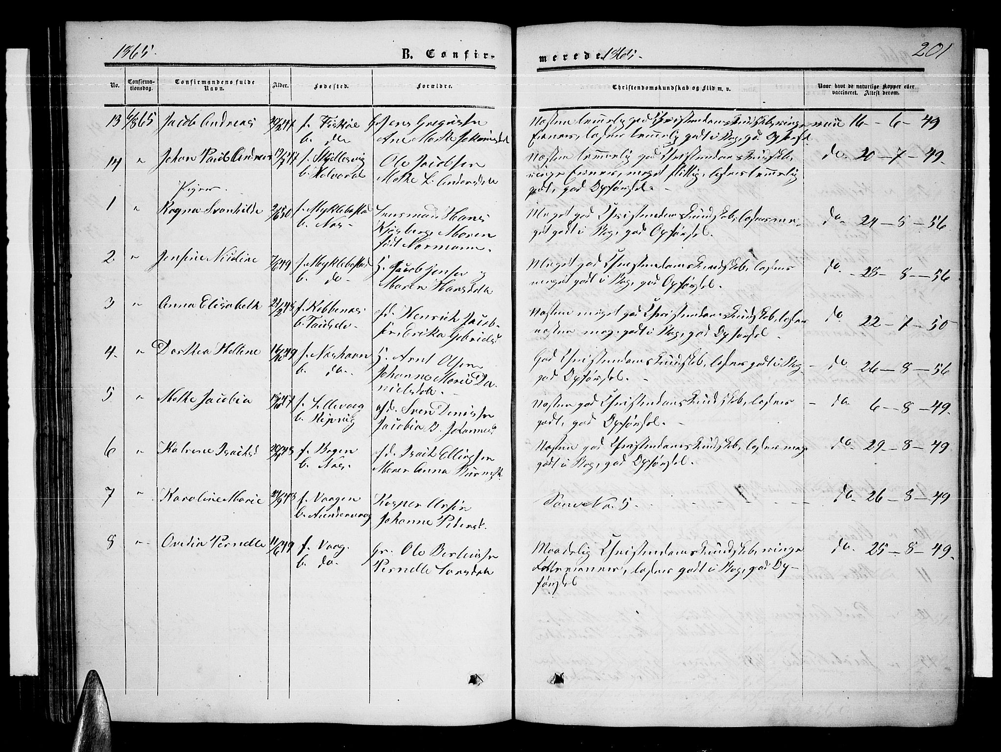 Ministerialprotokoller, klokkerbøker og fødselsregistre - Nordland, AV/SAT-A-1459/872/L1046: Parish register (copy) no. 872C02, 1852-1879, p. 201