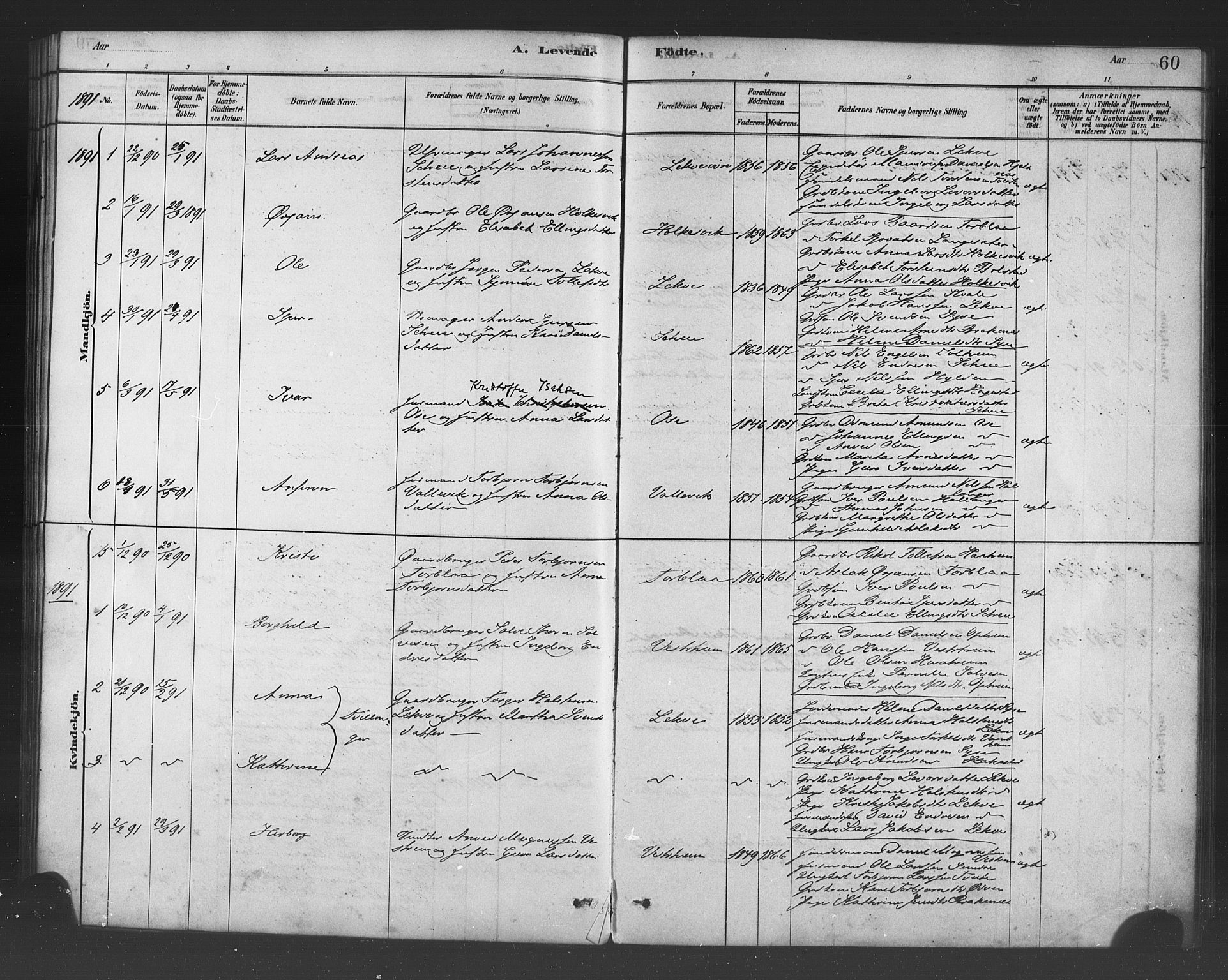 Ulvik sokneprestembete, SAB/A-78801/H/Haa: Parish register (official) no. B 1, 1878-1897, p. 60