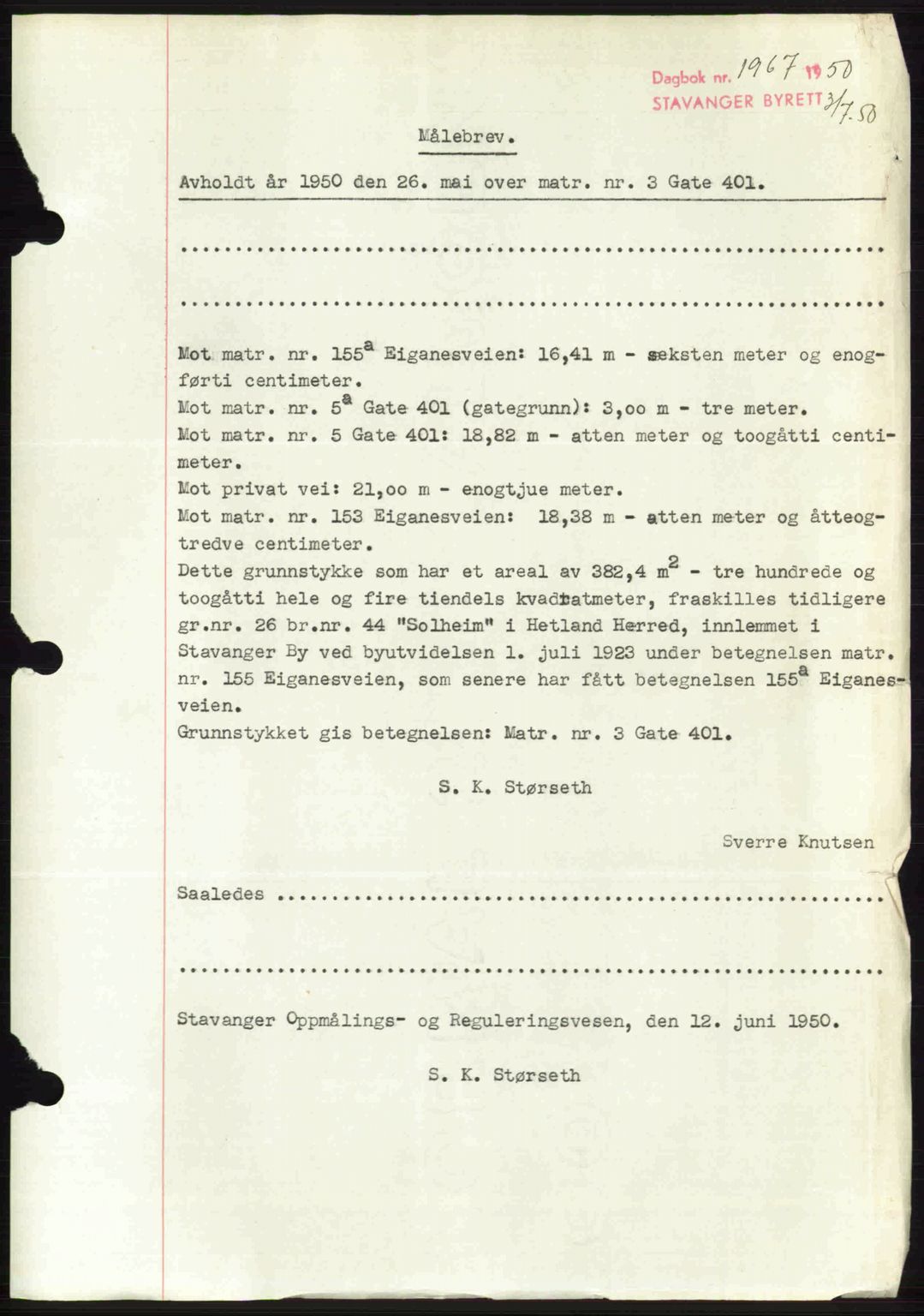 Stavanger byrett, SAST/A-100455/002/G/Gb/L0024: Mortgage book no. A13, 1949-1950, Diary no: : 1967/1950
