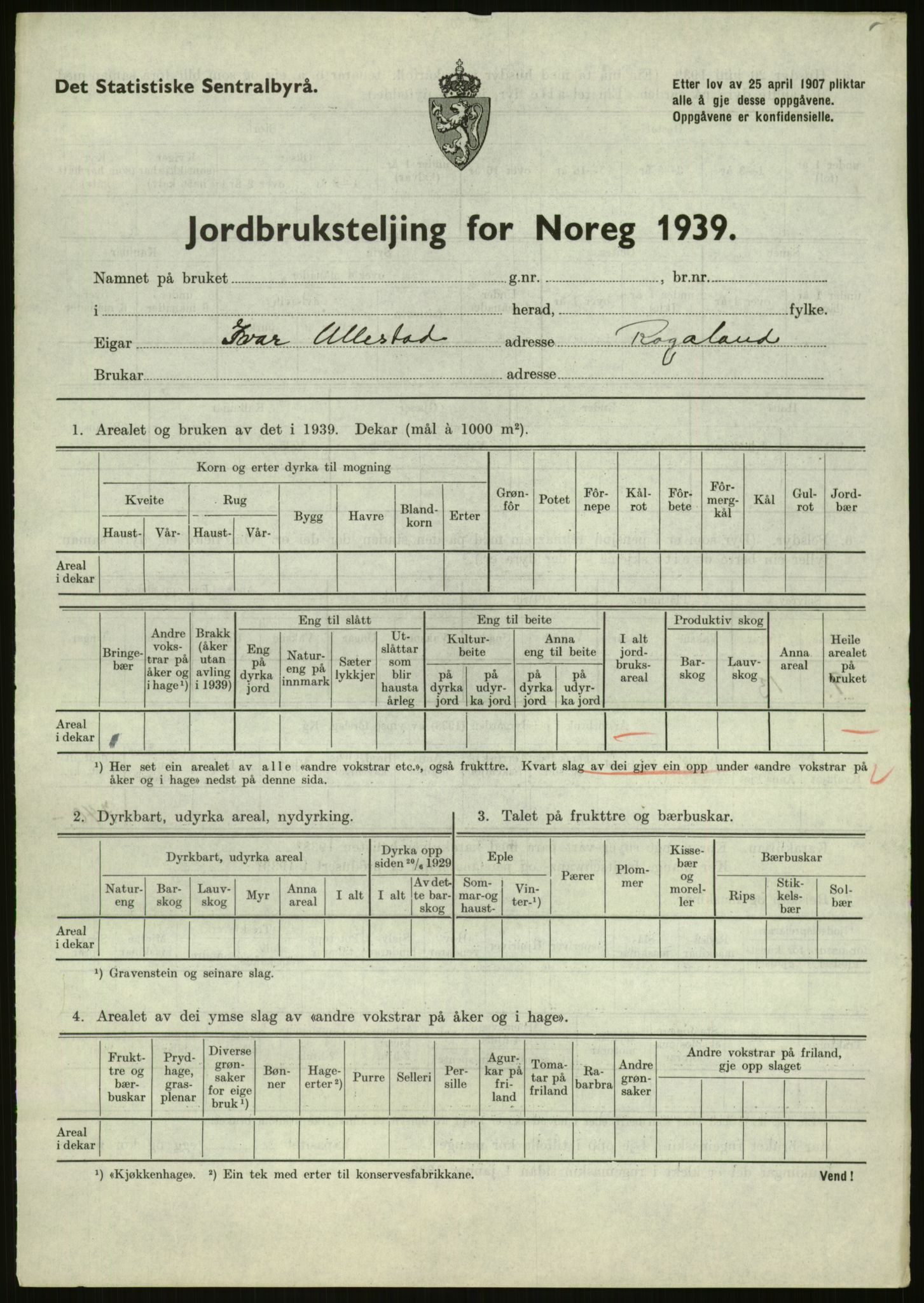 Statistisk sentralbyrå, Næringsøkonomiske emner, Jordbruk, skogbruk, jakt, fiske og fangst, AV/RA-S-2234/G/Gb/L0184: Rogaland: Årdal, Fister og Hjelmeland, 1939, p. 363