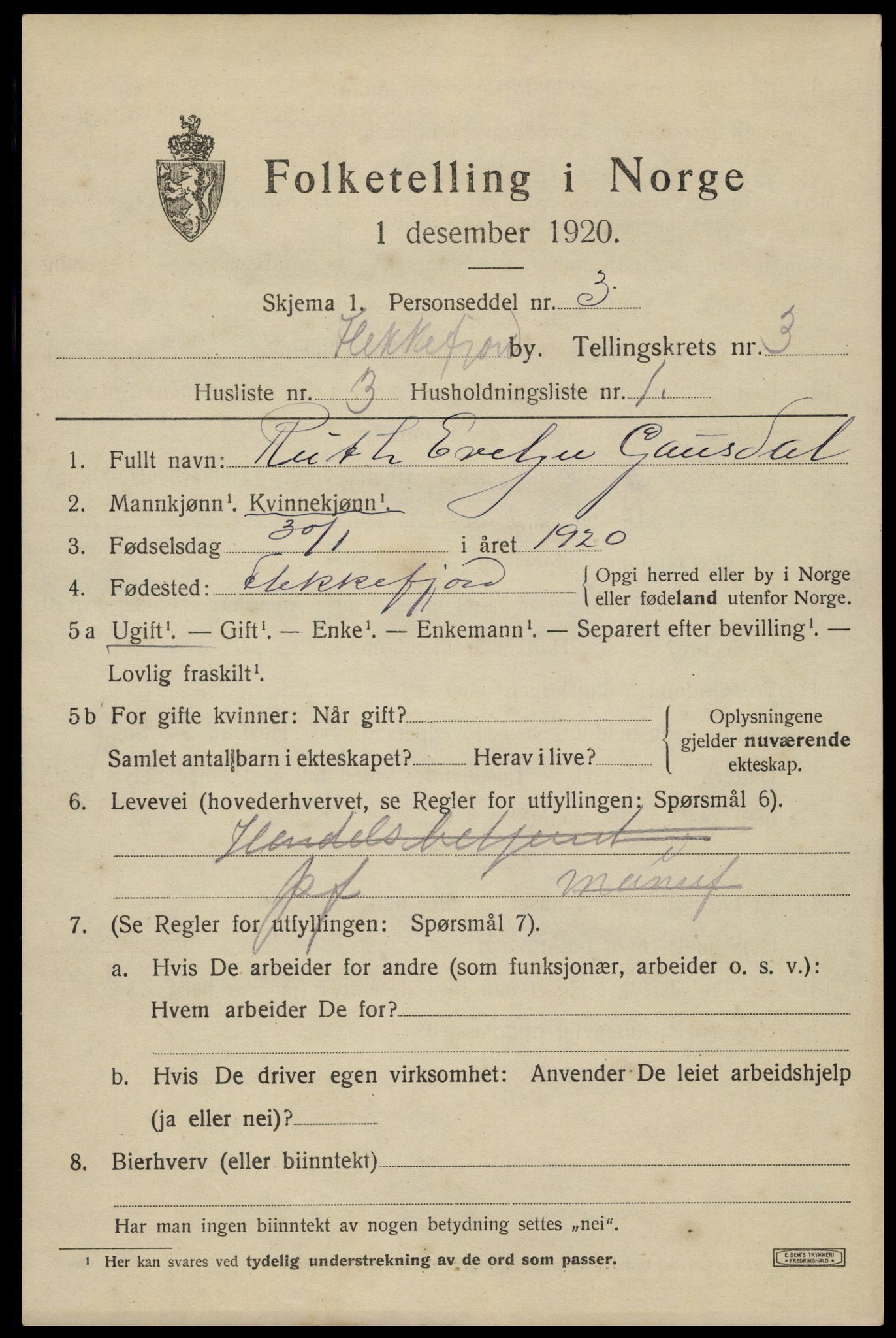 SAK, 1920 census for Flekkefjord, 1920, p. 3436