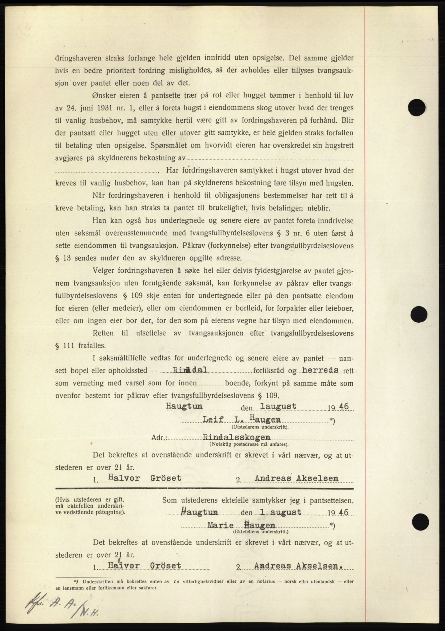 Nordmøre sorenskriveri, AV/SAT-A-4132/1/2/2Ca: Mortgage book no. B94, 1946-1946, Diary no: : 1600/1946